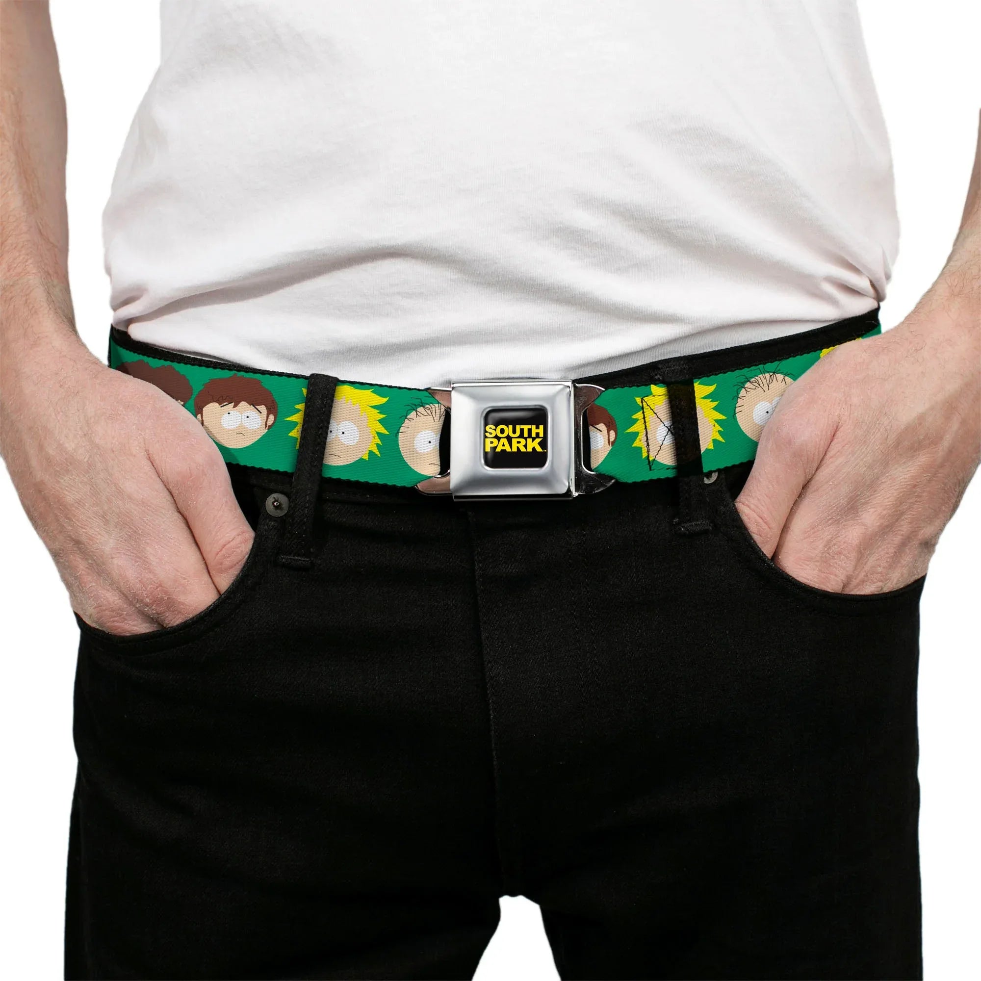 SOUTH PARK Title Logo Full Color Black/Yellow Seatbelt Belt - South Park Kids Faces Green Webbing - Buckle-Down - Flyclothing LLC