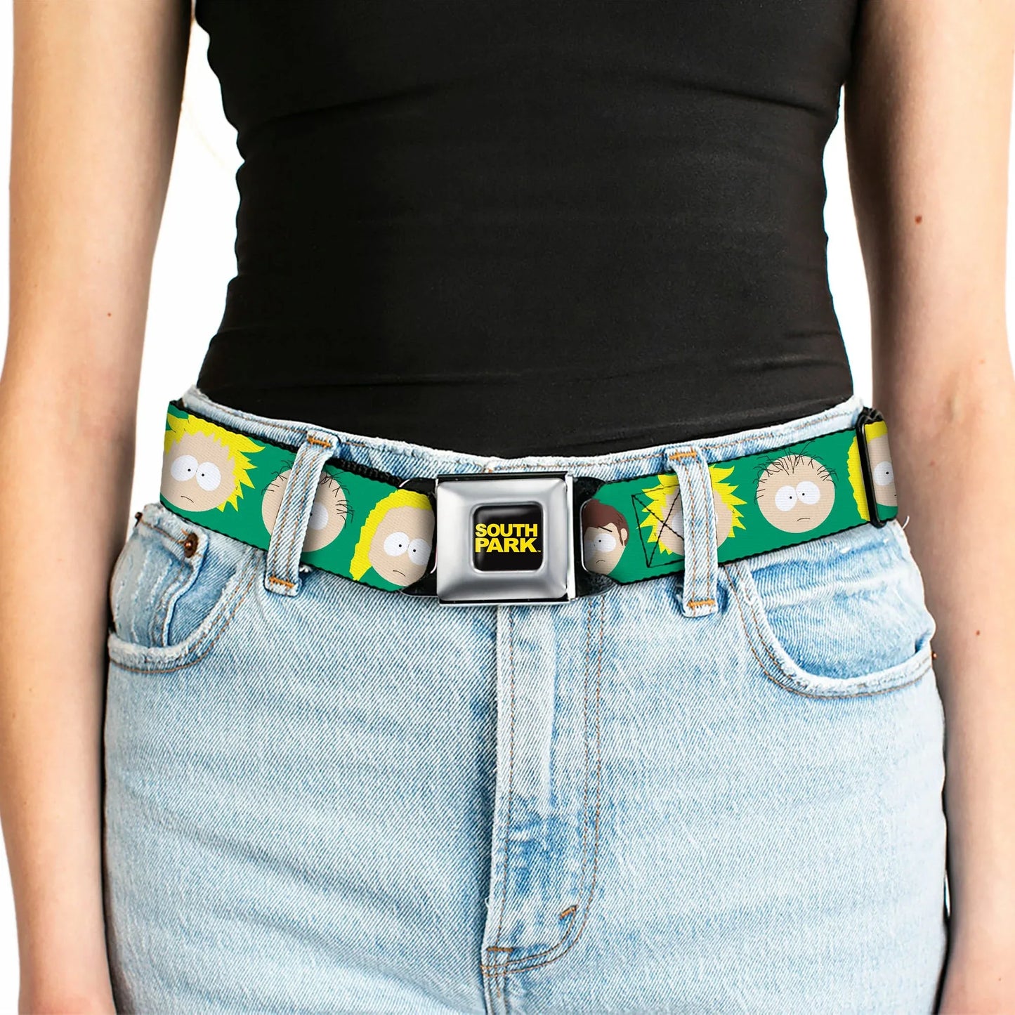 SOUTH PARK Title Logo Full Color Black/Yellow Seatbelt Belt - South Park Kids Faces Green Webbing - Buckle-Down - Flyclothing LLC