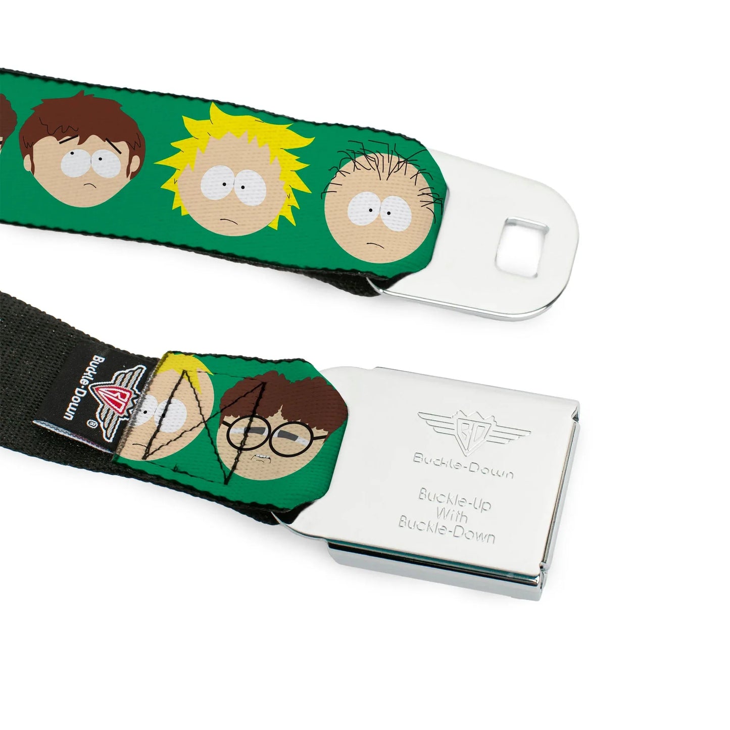 SOUTH PARK Title Logo Full Color Black/Yellow Seatbelt Belt - South Park Kids Faces Green Webbing - Buckle-Down - Flyclothing LLC
