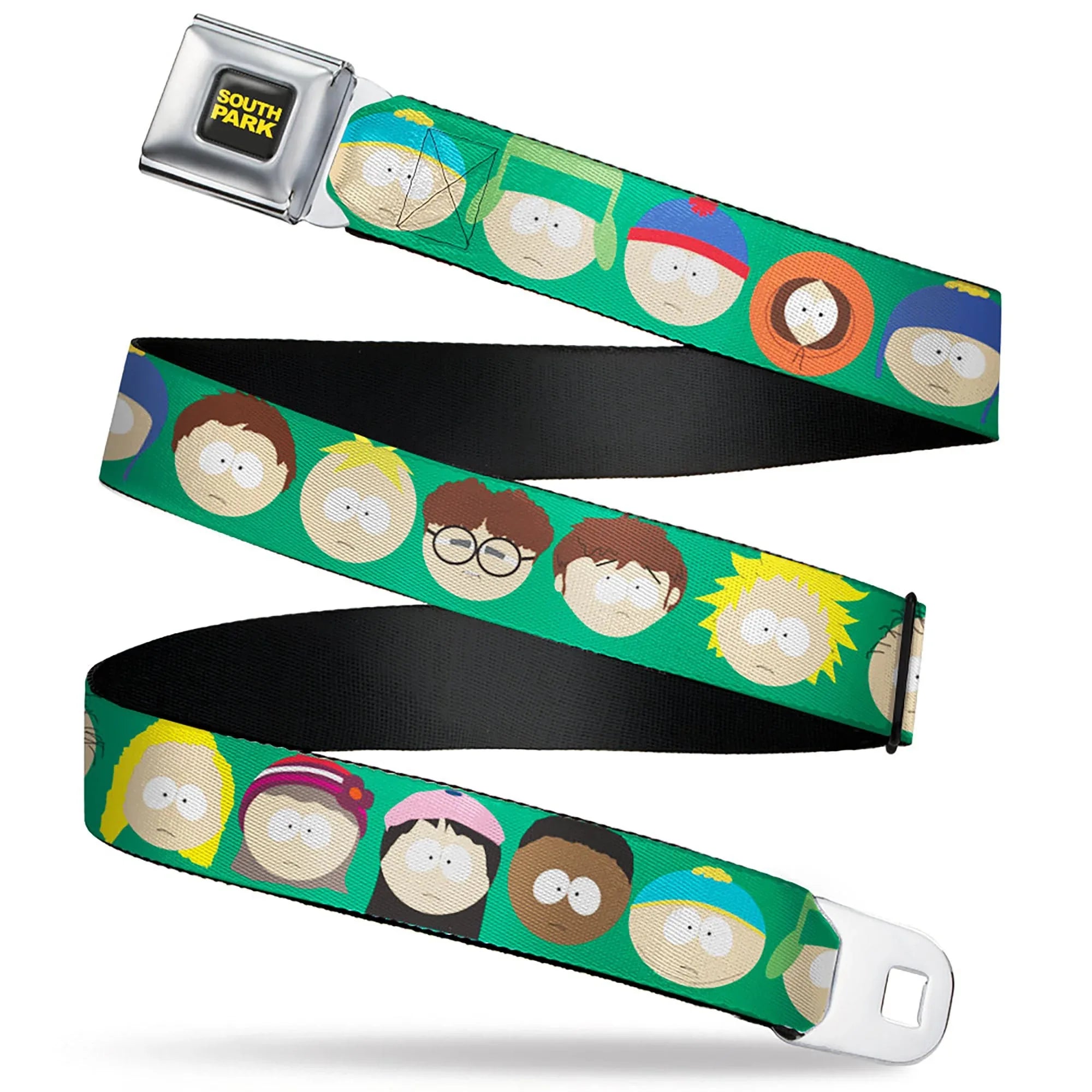 SOUTH PARK Title Logo Full Color Black/Yellow Seatbelt Belt - South Park Kids Faces Green Webbing - Buckle-Down - Flyclothing LLC