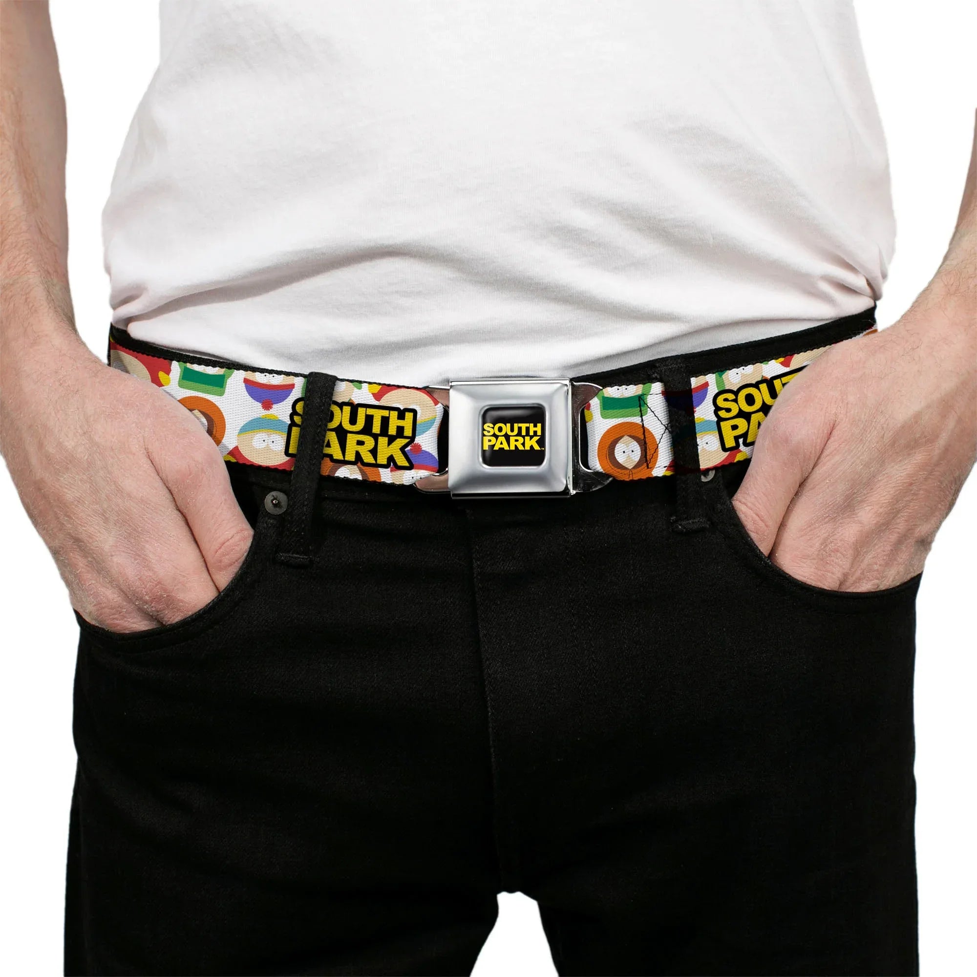 SOUTH PARK Title Logo Full Color Black/Yellow Seatbelt Belt - SOUTH PARK Title Logo and Characters Scattered White Webbing - Buckle-Down - Flyclothing LLC