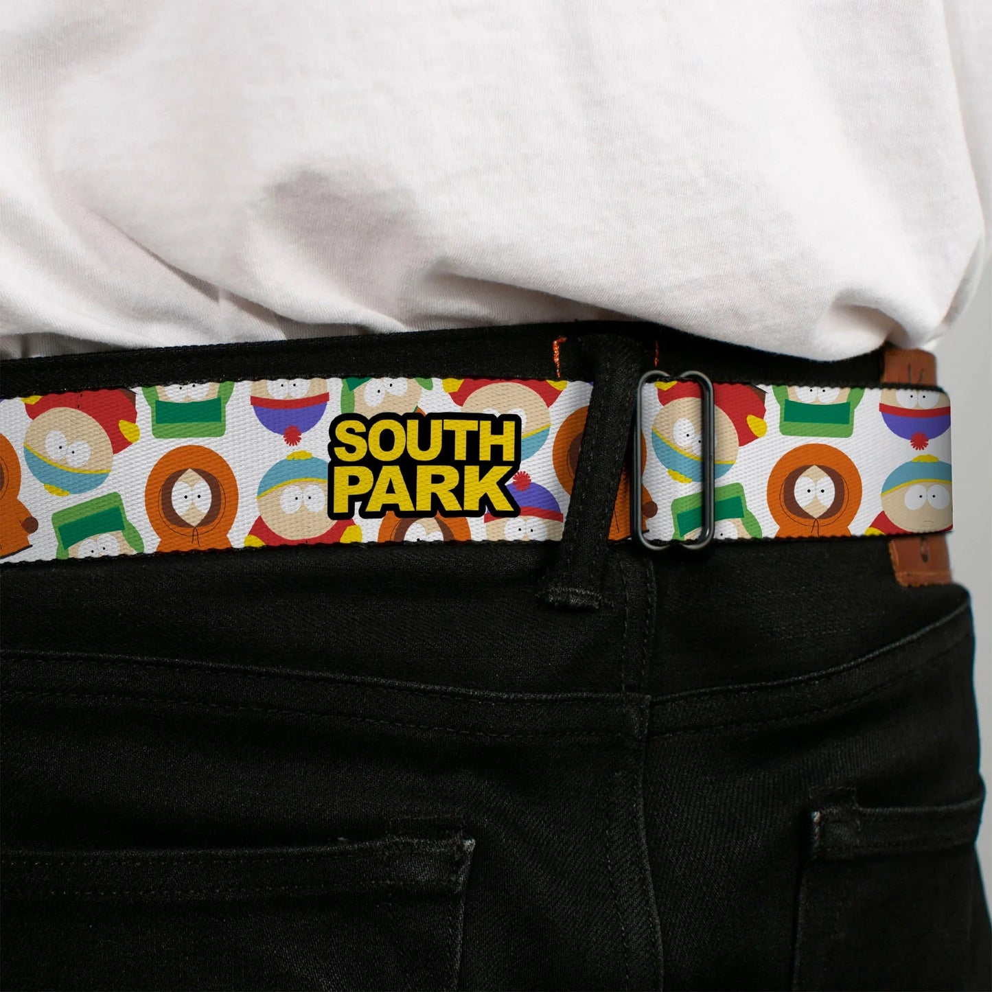 SOUTH PARK Title Logo Full Color Black/Yellow Seatbelt Belt - SOUTH PARK Title Logo and Characters Scattered White Webbing - Buckle-Down - Flyclothing LLC