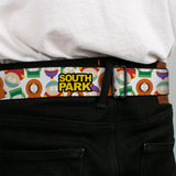 SOUTH PARK Title Logo Full Color Black/Yellow Seatbelt Belt - SOUTH PARK Title Logo and Characters Scattered White Webbing - Buckle-Down - Flyclothing LLC