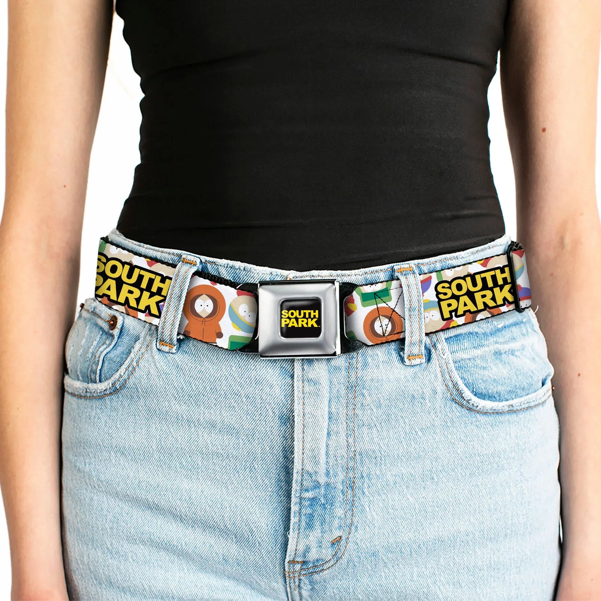 SOUTH PARK Title Logo Full Color Black/Yellow Seatbelt Belt - SOUTH PARK Title Logo and Characters Scattered White Webbing - Buckle-Down - Flyclothing LLC