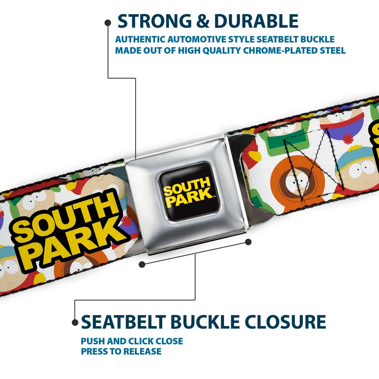 SOUTH PARK Title Logo Full Color Black/Yellow Seatbelt Belt - SOUTH PARK Title Logo and Characters Scattered White Webbing - Buckle-Down - Flyclothing LLC