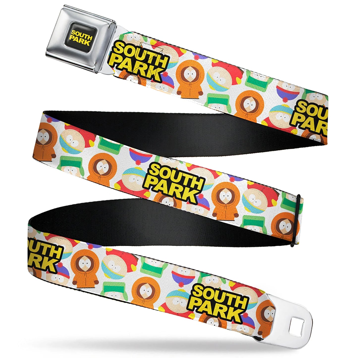 SOUTH PARK Title Logo Full Color Black/Yellow Seatbelt Belt - SOUTH PARK Title Logo and Characters Scattered White Webbing - Buckle-Down - Flyclothing LLC