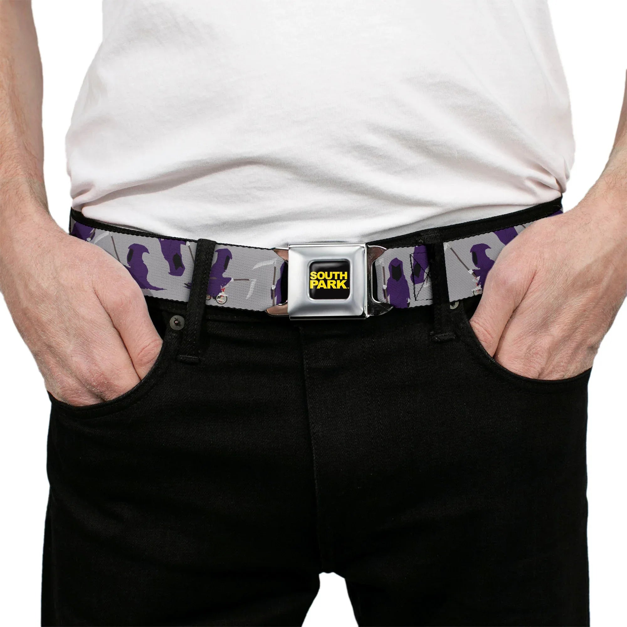 SOUTH PARK Title Logo Full Color Black/Yellow Seatbelt Belt - South Park Death Poses Scattered Gray Webbing - Buckle-Down - Flyclothing LLC