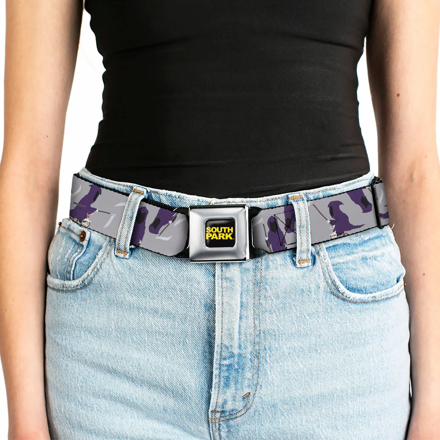 SOUTH PARK Title Logo Full Color Black/Yellow Seatbelt Belt - South Park Death Poses Scattered Gray Webbing - Buckle-Down - Flyclothing LLC
