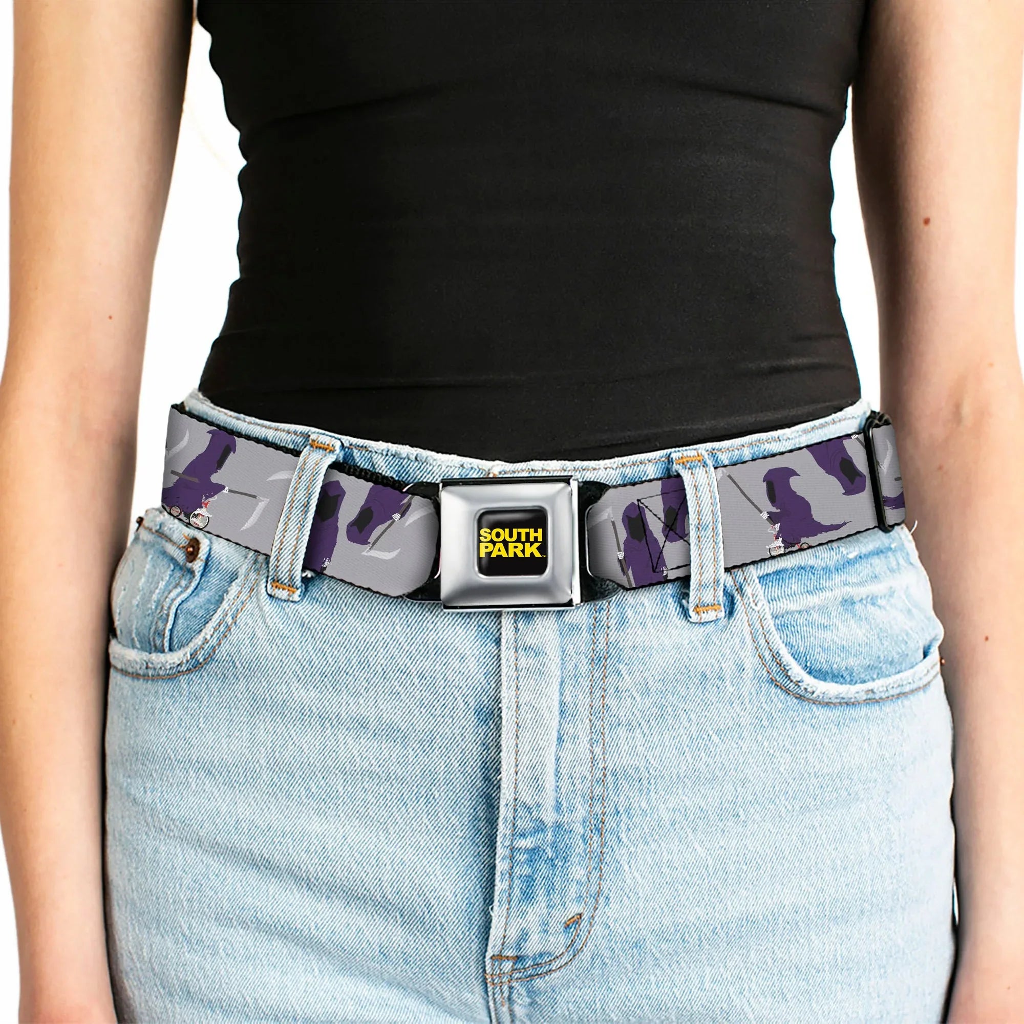 SOUTH PARK Title Logo Full Color Black/Yellow Seatbelt Belt - South Park Death Poses Scattered Gray Webbing - Buckle-Down - Flyclothing LLC