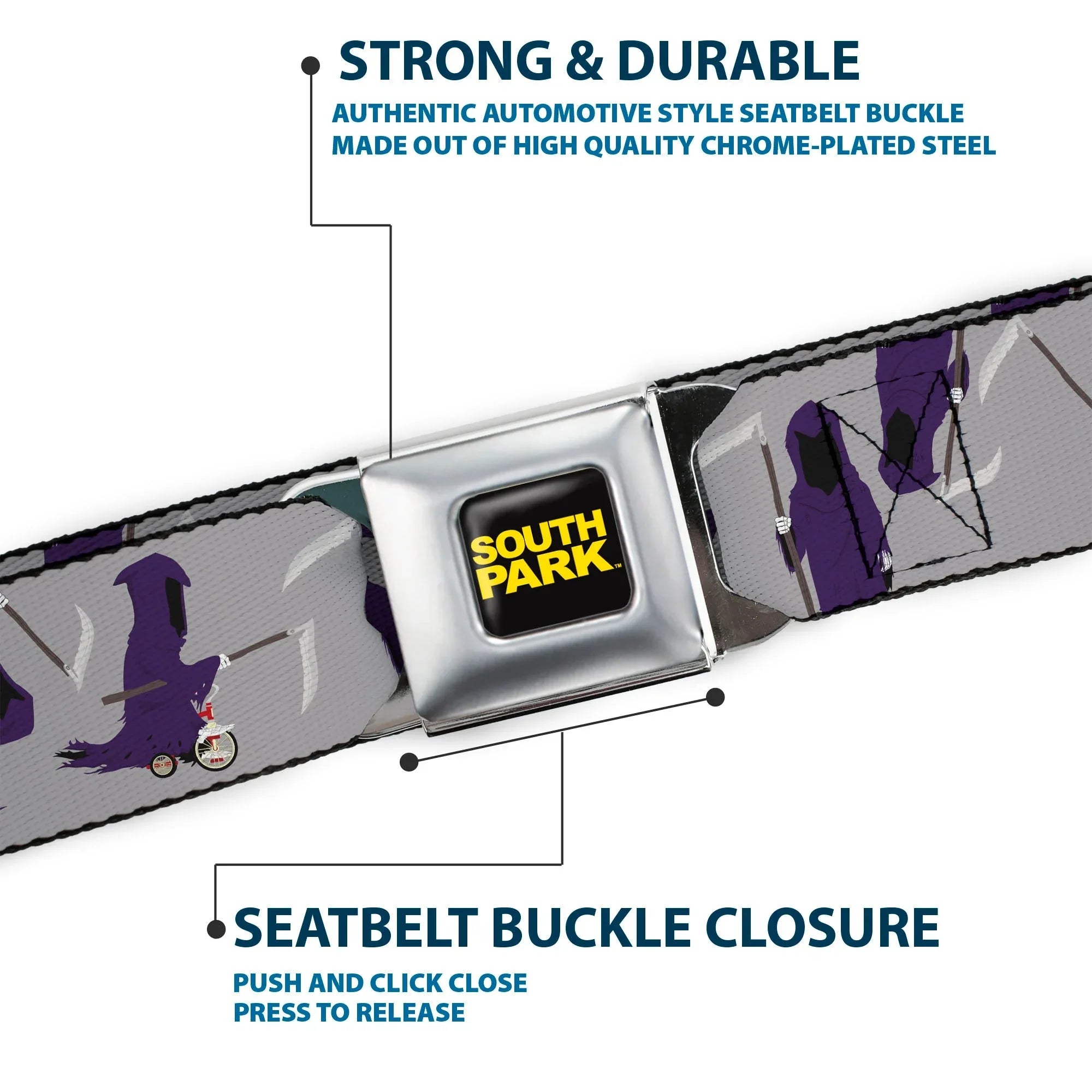 SOUTH PARK Title Logo Full Color Black/Yellow Seatbelt Belt - South Park Death Poses Scattered Gray Webbing - Buckle-Down - Flyclothing LLC