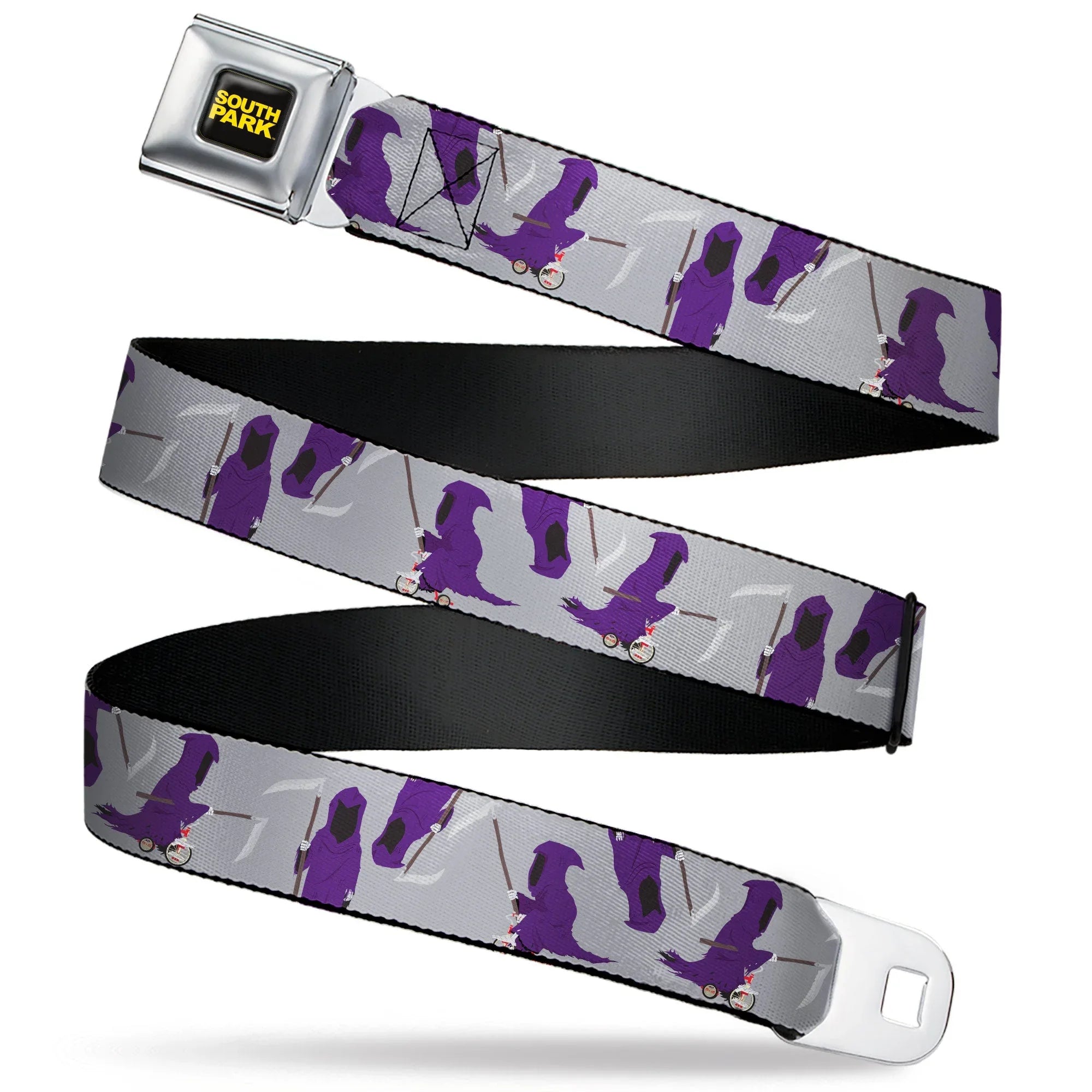 SOUTH PARK Title Logo Full Color Black/Yellow Seatbelt Belt - South Park Death Poses Scattered Gray Webbing - Buckle-Down - Flyclothing LLC