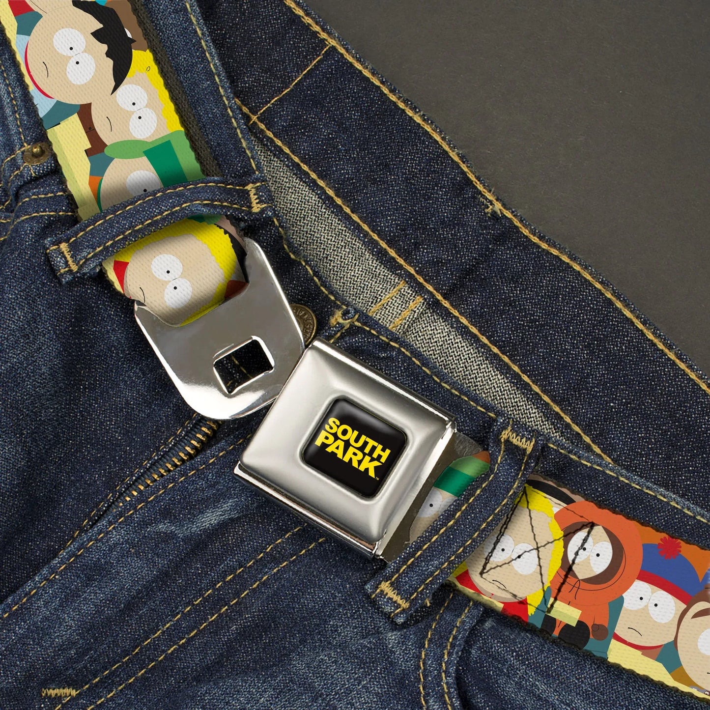 SOUTH PARK Title Logo Full Color Black/Yellow Seatbelt Belt - South Park School Kids Faces Stacked Webbing - Buckle-Down - Flyclothing LLC