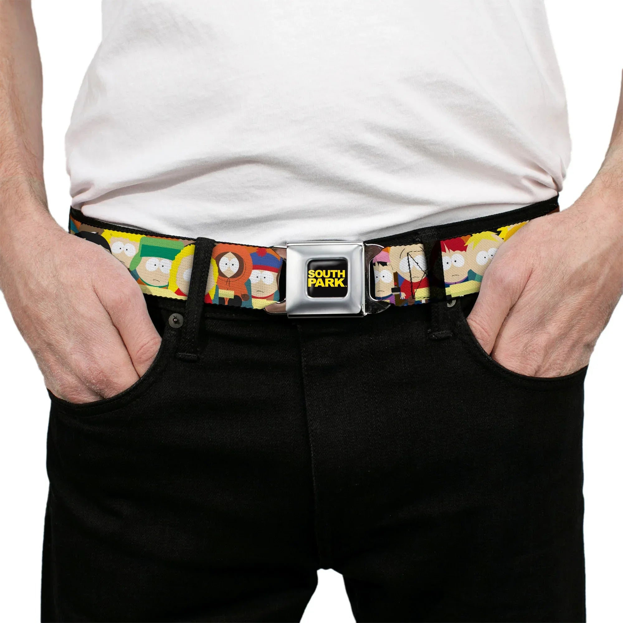 SOUTH PARK Title Logo Full Color Black/Yellow Seatbelt Belt - South Park School Kids Faces Stacked Webbing - Buckle-Down - Flyclothing LLC