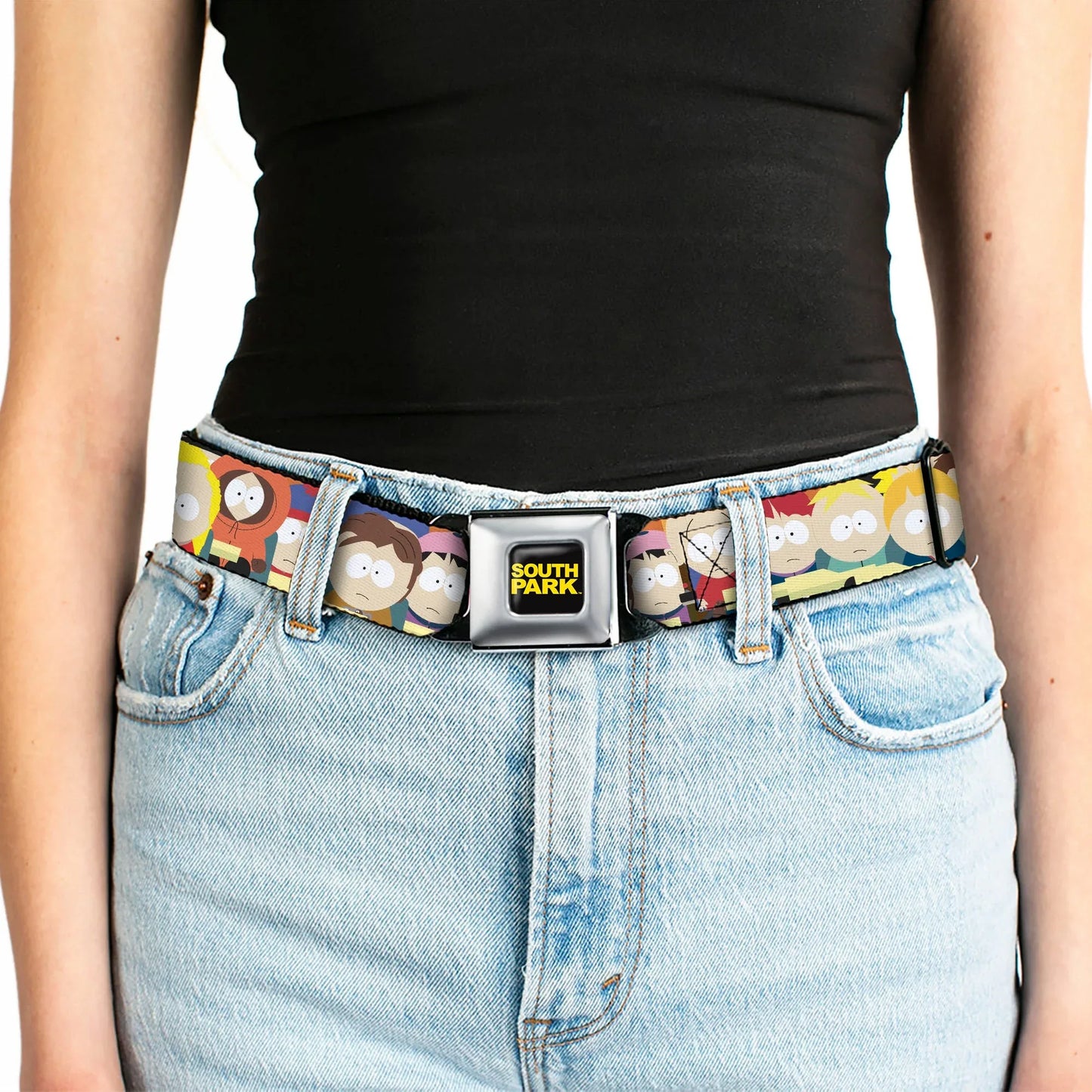 SOUTH PARK Title Logo Full Color Black/Yellow Seatbelt Belt - South Park School Kids Faces Stacked Webbing - Buckle-Down - Flyclothing LLC