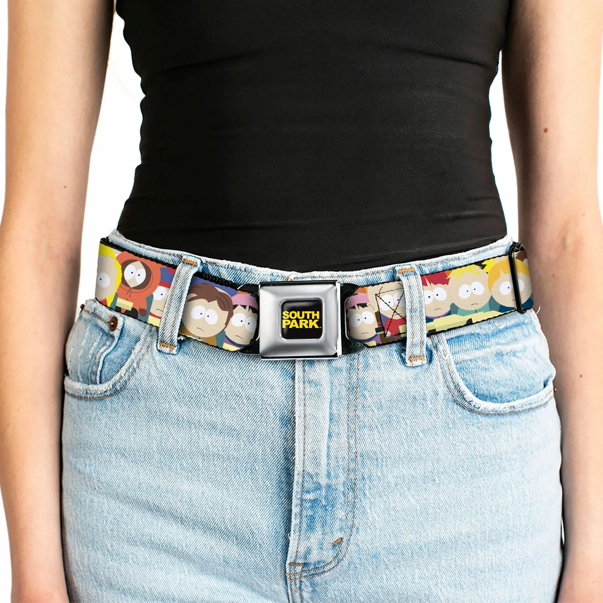SOUTH PARK Title Logo Full Color Black/Yellow Seatbelt Belt - South Park School Kids Faces Stacked Webbing - Buckle-Down - Flyclothing LLC