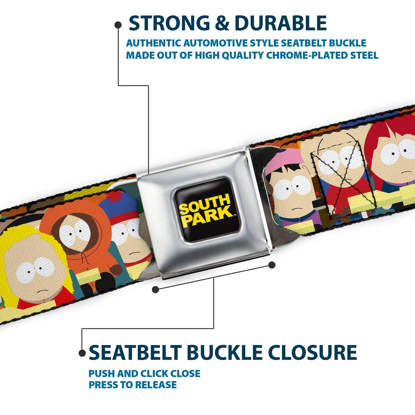 SOUTH PARK Title Logo Full Color Black/Yellow Seatbelt Belt - South Park School Kids Faces Stacked Webbing - Buckle-Down - Flyclothing LLC