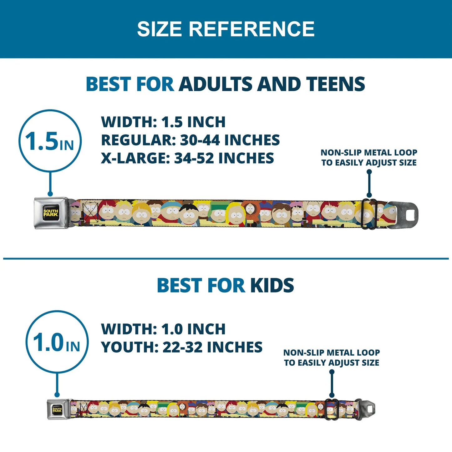 SOUTH PARK Title Logo Full Color Black/Yellow Seatbelt Belt - South Park School Kids Faces Stacked Webbing - Buckle-Down - Flyclothing LLC