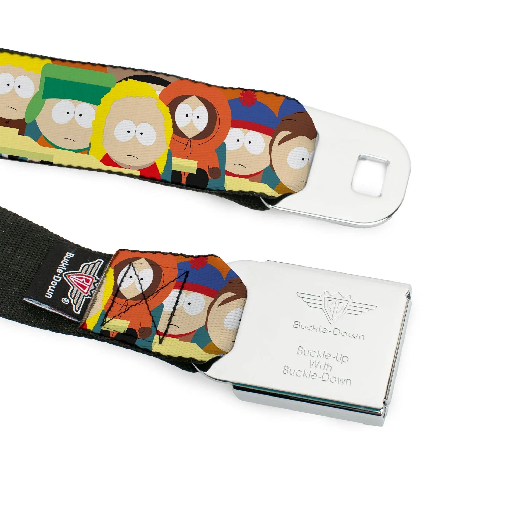 SOUTH PARK Title Logo Full Color Black/Yellow Seatbelt Belt - South Park School Kids Faces Stacked Webbing - Buckle-Down - Flyclothing LLC