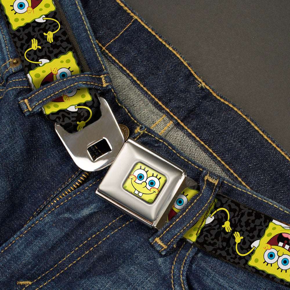 Sponge Bob Face CLOSE-UP Full Color Seatbelt Belt - SpongeBob Pose Flip/Camo Gray/Black Webbing - Buckle-Down - Flyclothing LLC