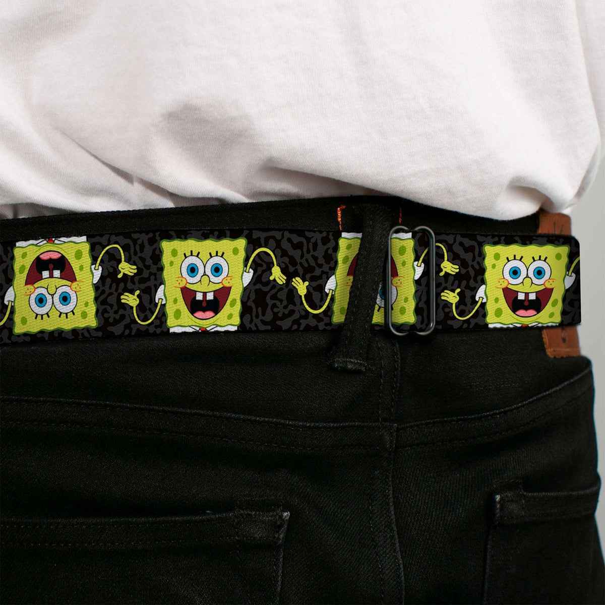 Sponge Bob Face CLOSE-UP Full Color Seatbelt Belt - SpongeBob Pose Flip/Camo Gray/Black Webbing - Buckle-Down - Flyclothing LLC