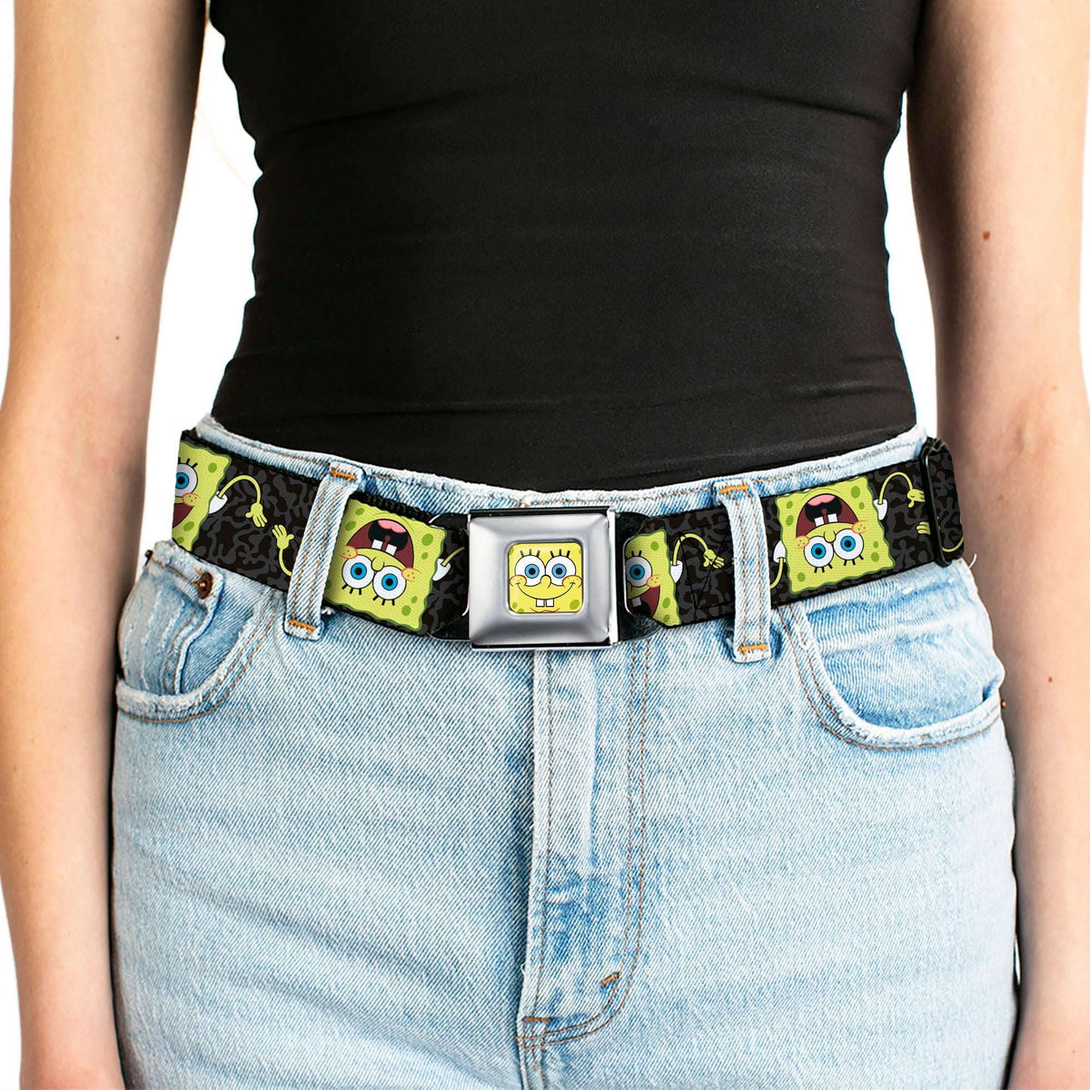 Sponge Bob Face CLOSE-UP Full Color Seatbelt Belt - SpongeBob Pose Flip/Camo Gray/Black Webbing - Buckle-Down - Flyclothing LLC