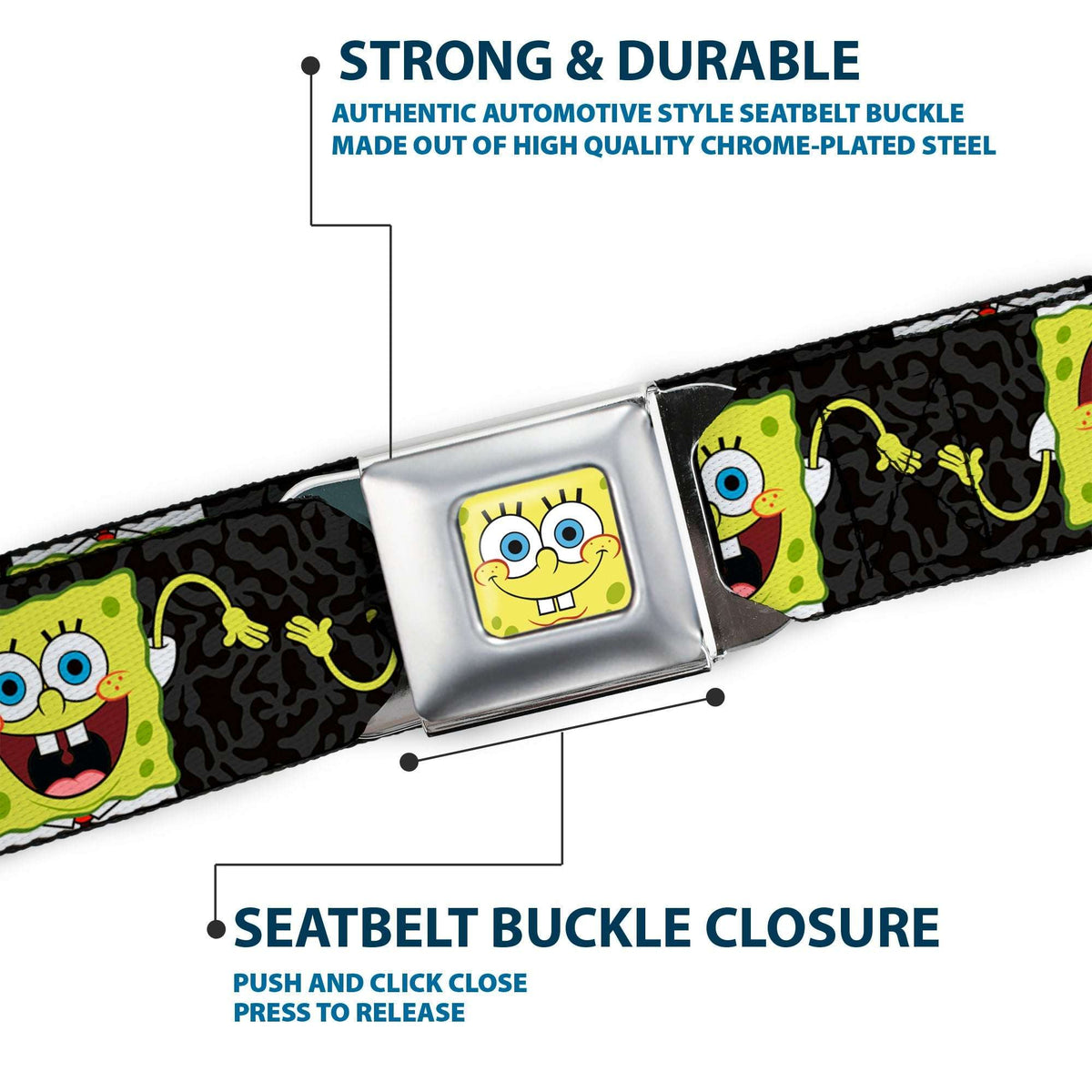 Sponge Bob Face CLOSE-UP Full Color Seatbelt Belt - SpongeBob Pose Flip/Camo Gray/Black Webbing - Buckle-Down - Flyclothing LLC