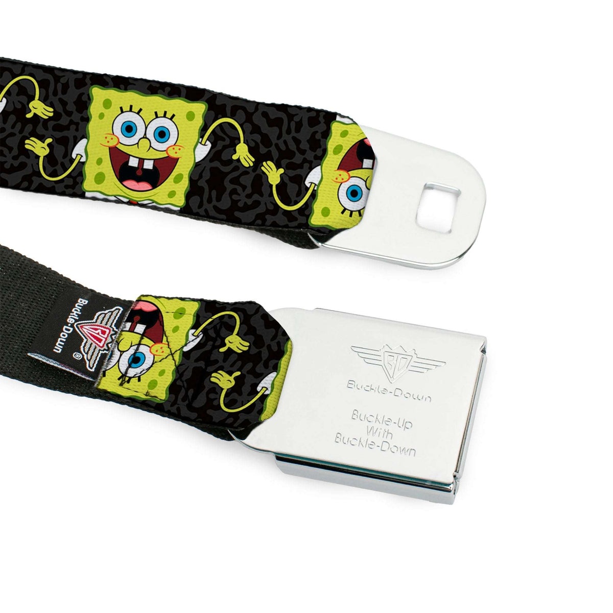 Sponge Bob Face CLOSE-UP Full Color Seatbelt Belt - SpongeBob Pose Flip/Camo Gray/Black Webbing - Buckle-Down - Flyclothing LLC