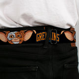 GREMLINS 1984 Title Logo Full Color Black/Blue/Orange Seatbelt Belt - GREMLINS 1984 Gizmo Face Close-Up Black Webbing