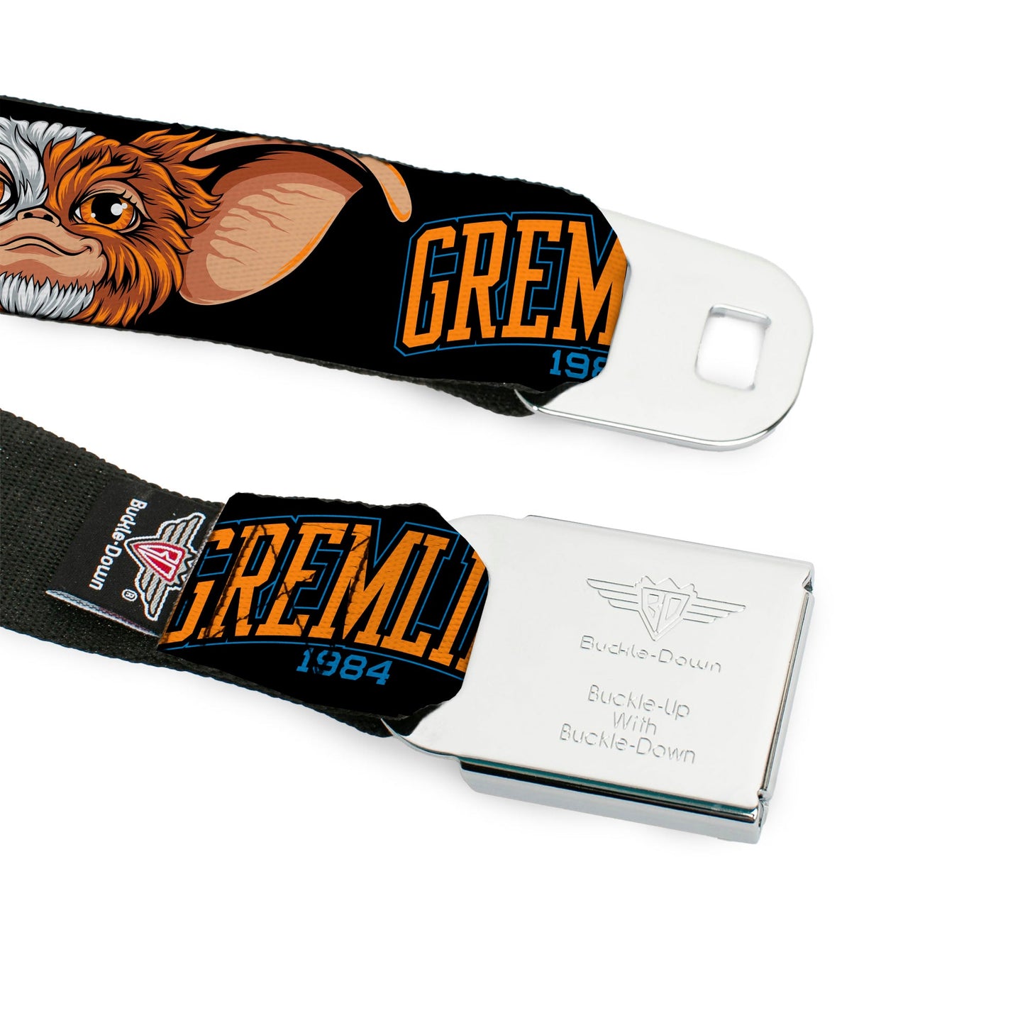 GREMLINS 1984 Title Logo Full Color Black/Blue/Orange Seatbelt Belt - GREMLINS 1984 Gizmo Face Close-Up Black Webbing