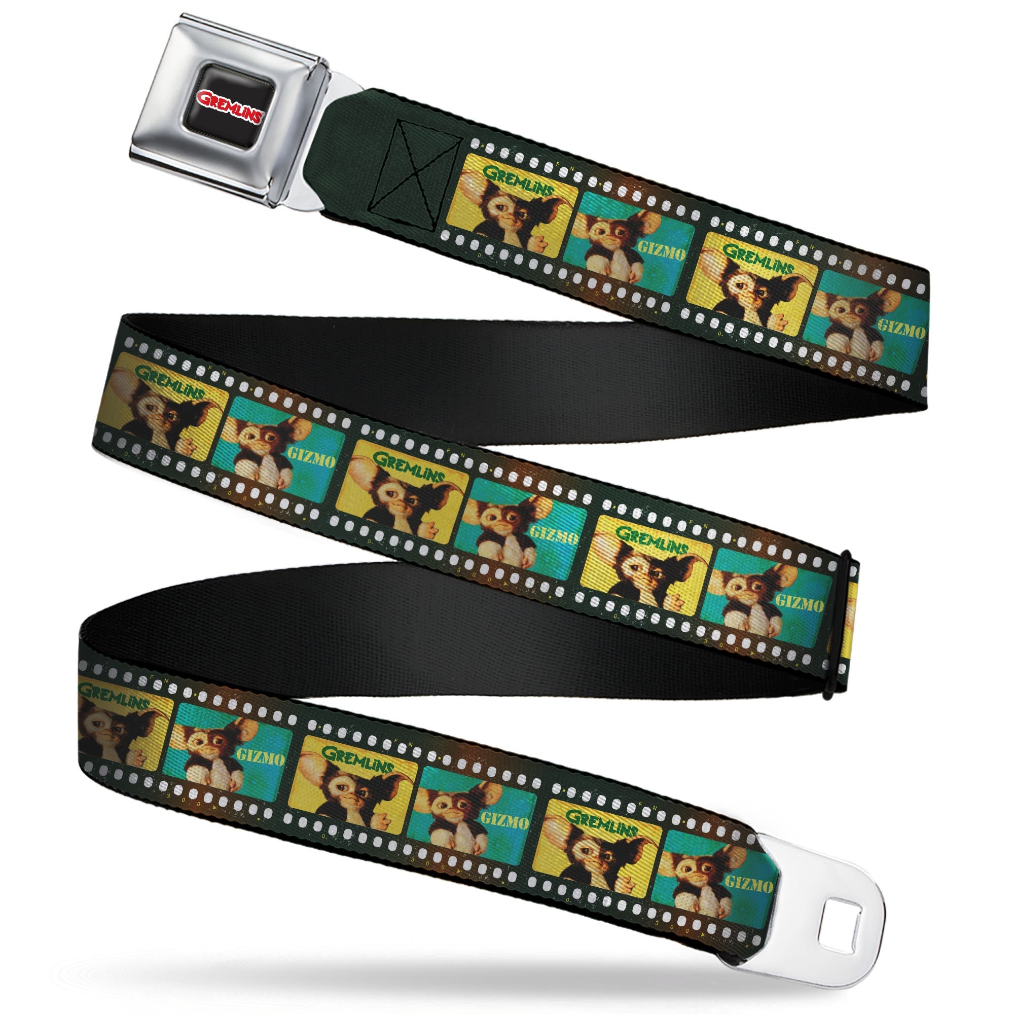 GREMLINS Title Logo Full Color Black/White/Red Seatbelt Belt - Gremlins GIZMO Film Strip Pose Blocks Webbing