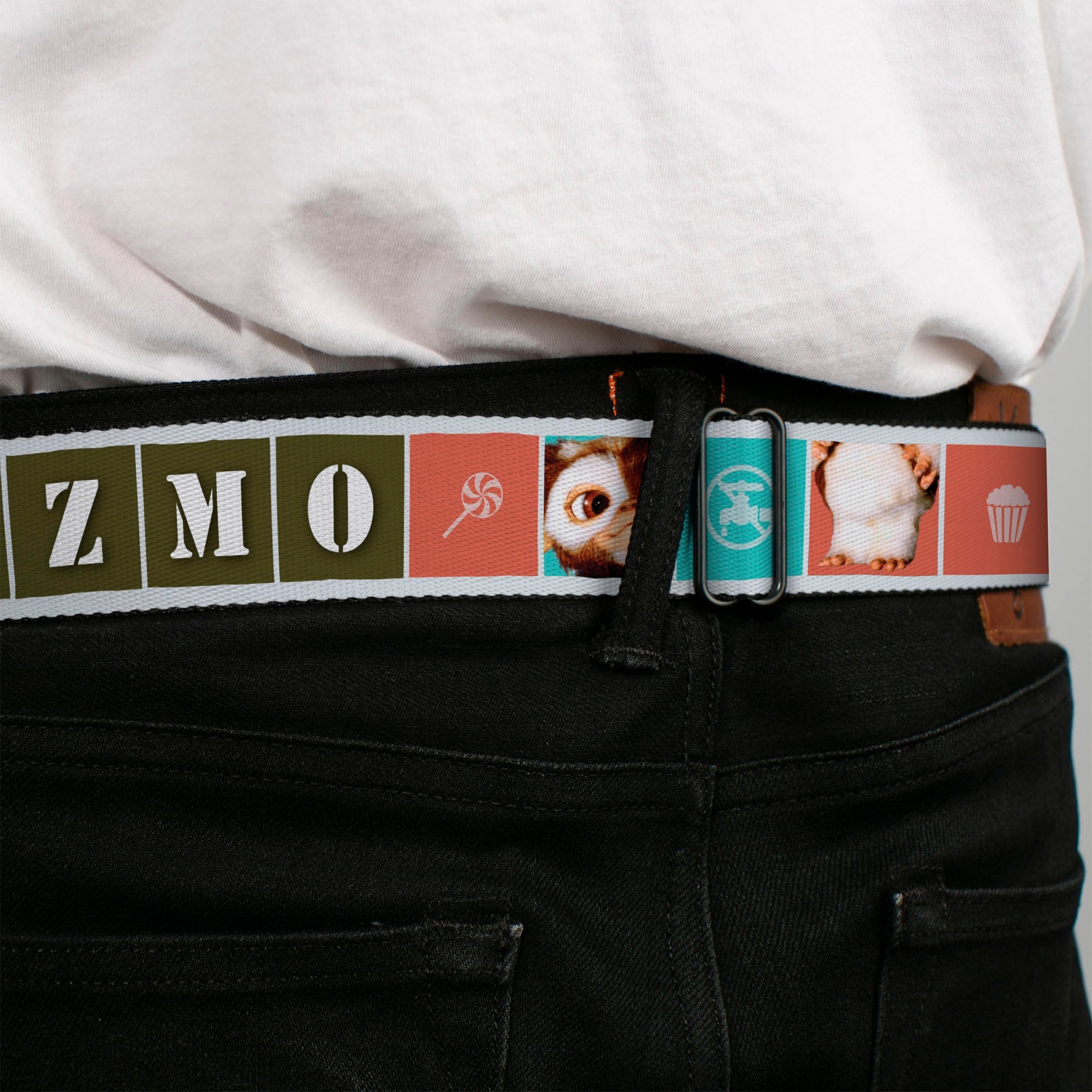 GREMLINS Title Logo Full Color Black/White/Red Seatbelt Belt - Gremlins GIZMO Text and Pose Blocks White/Multi Color Webbing