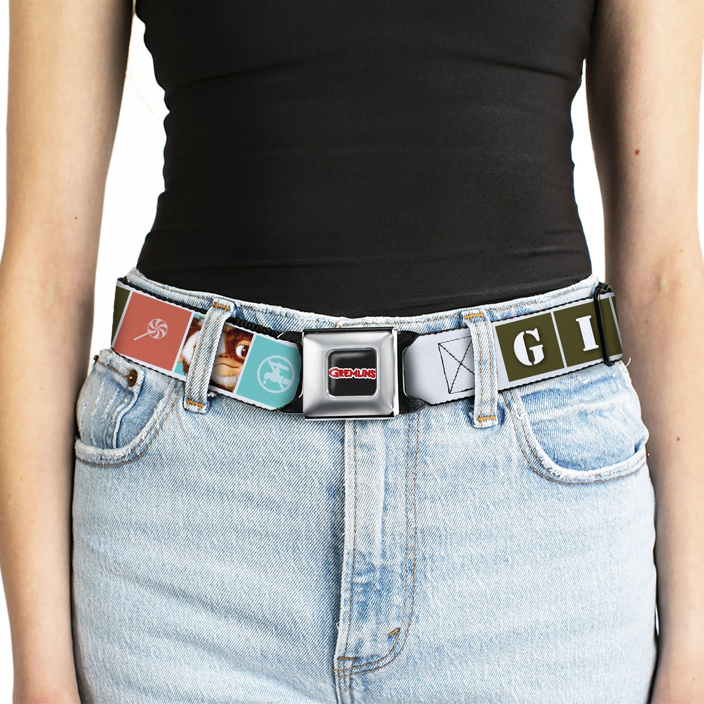 GREMLINS Title Logo Full Color Black/White/Red Seatbelt Belt - Gremlins GIZMO Text and Pose Blocks White/Multi Color Webbing