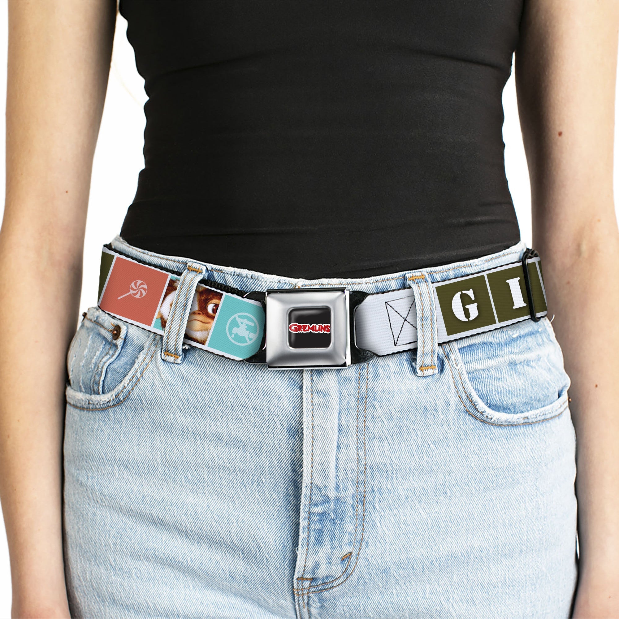 GREMLINS Title Logo Full Color Black/White/Red Seatbelt Belt - Gremlins GIZMO Text and Pose Blocks White/Multi Color Webbing