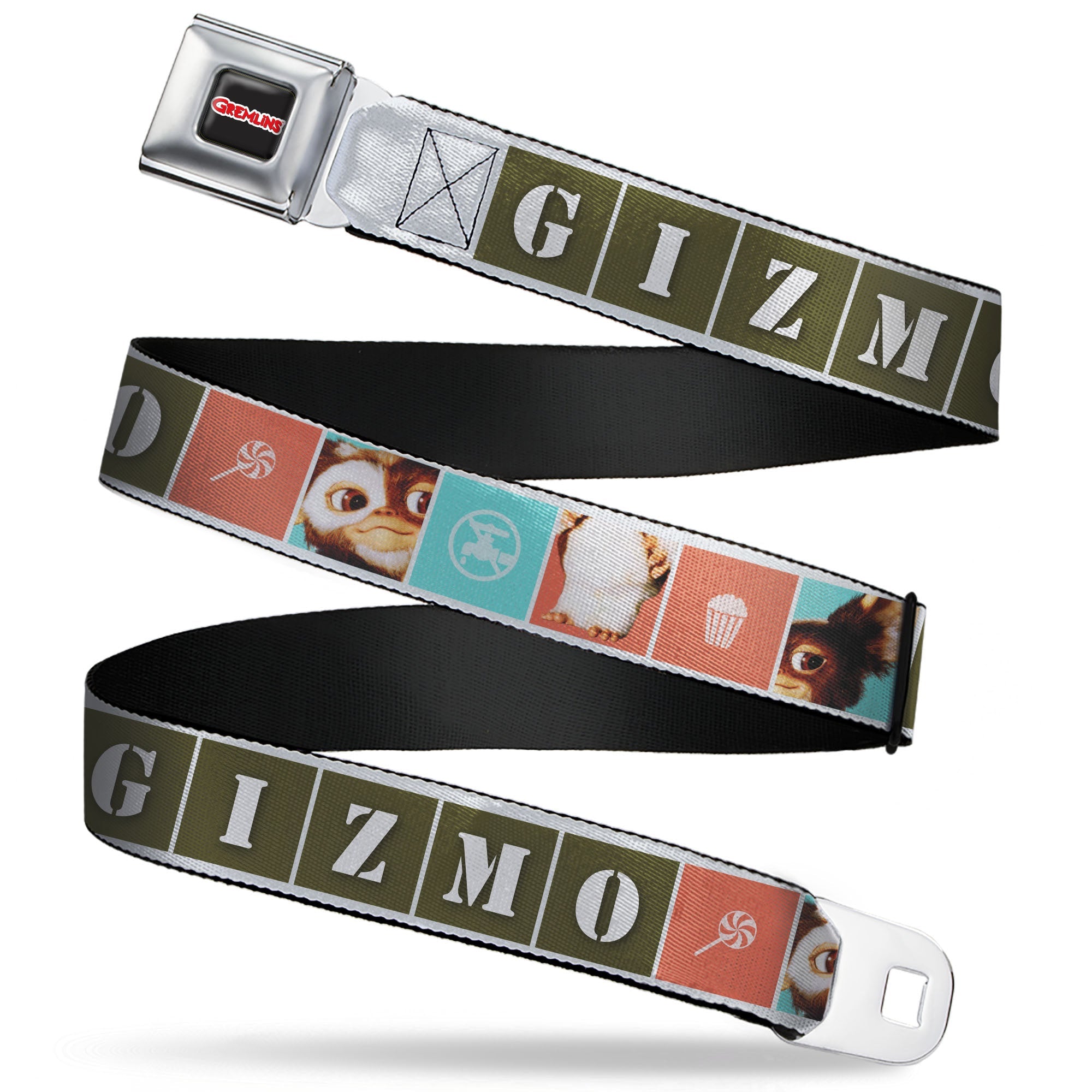 GREMLINS Title Logo Full Color Black/White/Red Seatbelt Belt - Gremlins GIZMO Text and Pose Blocks White/Multi Color Webbing