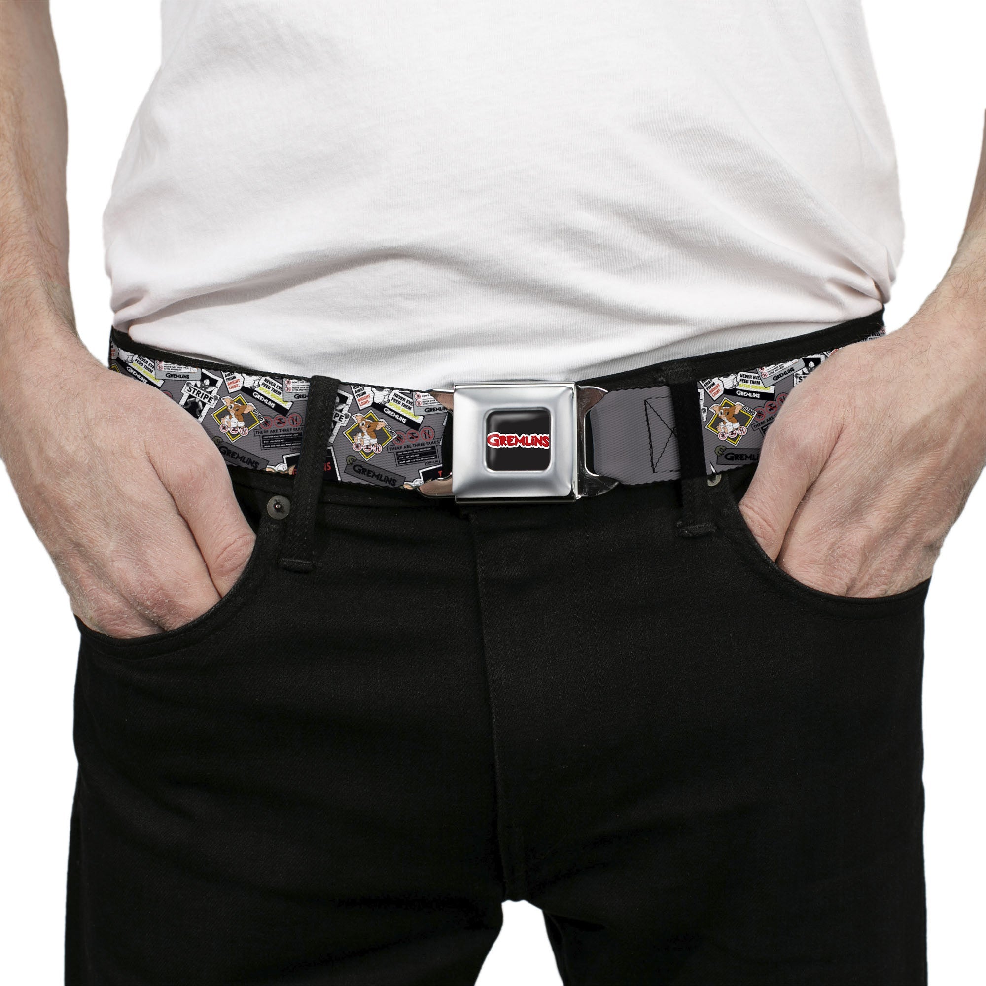 GREMLINS Title Logo Full Color Black/White/Red Seatbelt Belt - Gremlins Gizmo Pose and Rules Collage Gray Webbing