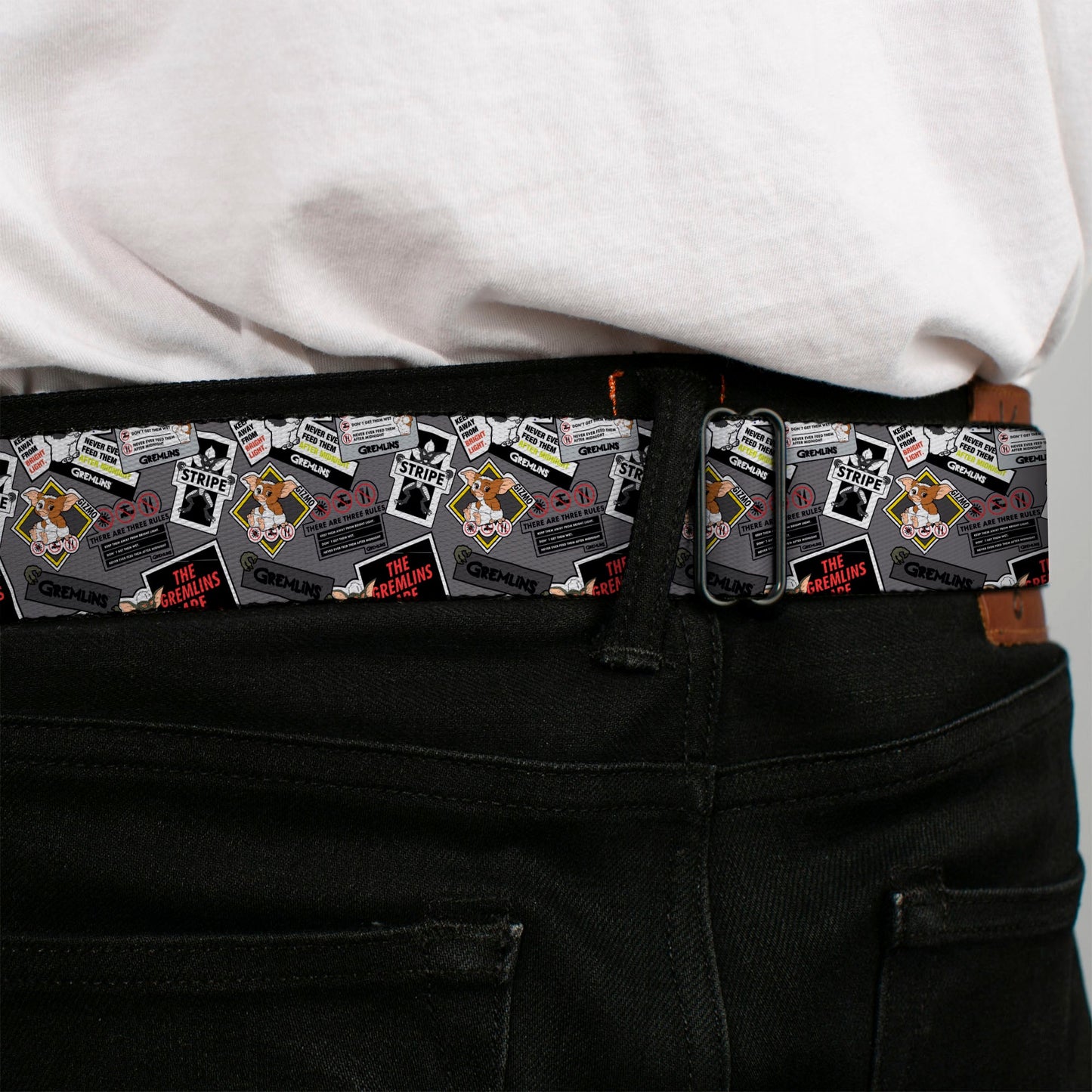 GREMLINS Title Logo Full Color Black/White/Red Seatbelt Belt - Gremlins Gizmo Pose and Rules Collage Gray Webbing