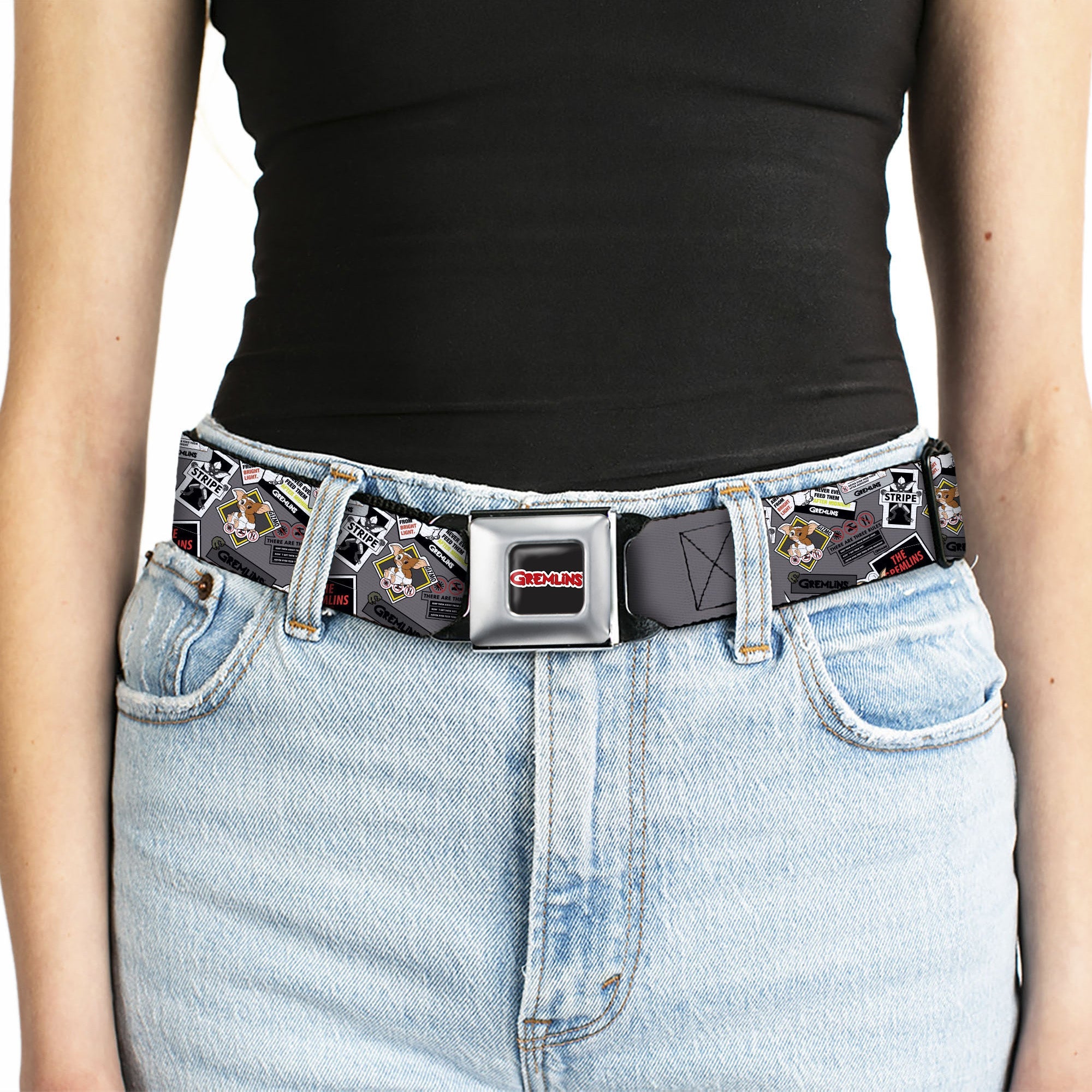 GREMLINS Title Logo Full Color Black/White/Red Seatbelt Belt - Gremlins Gizmo Pose and Rules Collage Gray Webbing