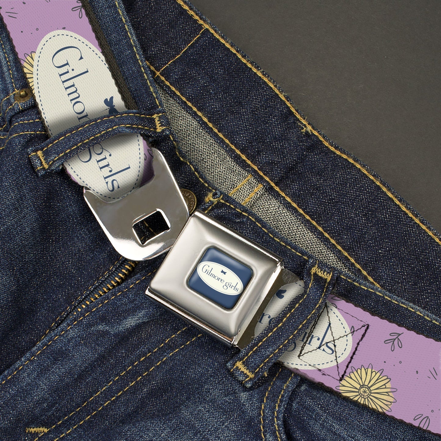 GILMORE GIRLS Title Logo Full Color Blue/White Seatbelt Belt - GILMORE GIRLS Title Logo and Flower Petals Lavender/White/Blue Webbing