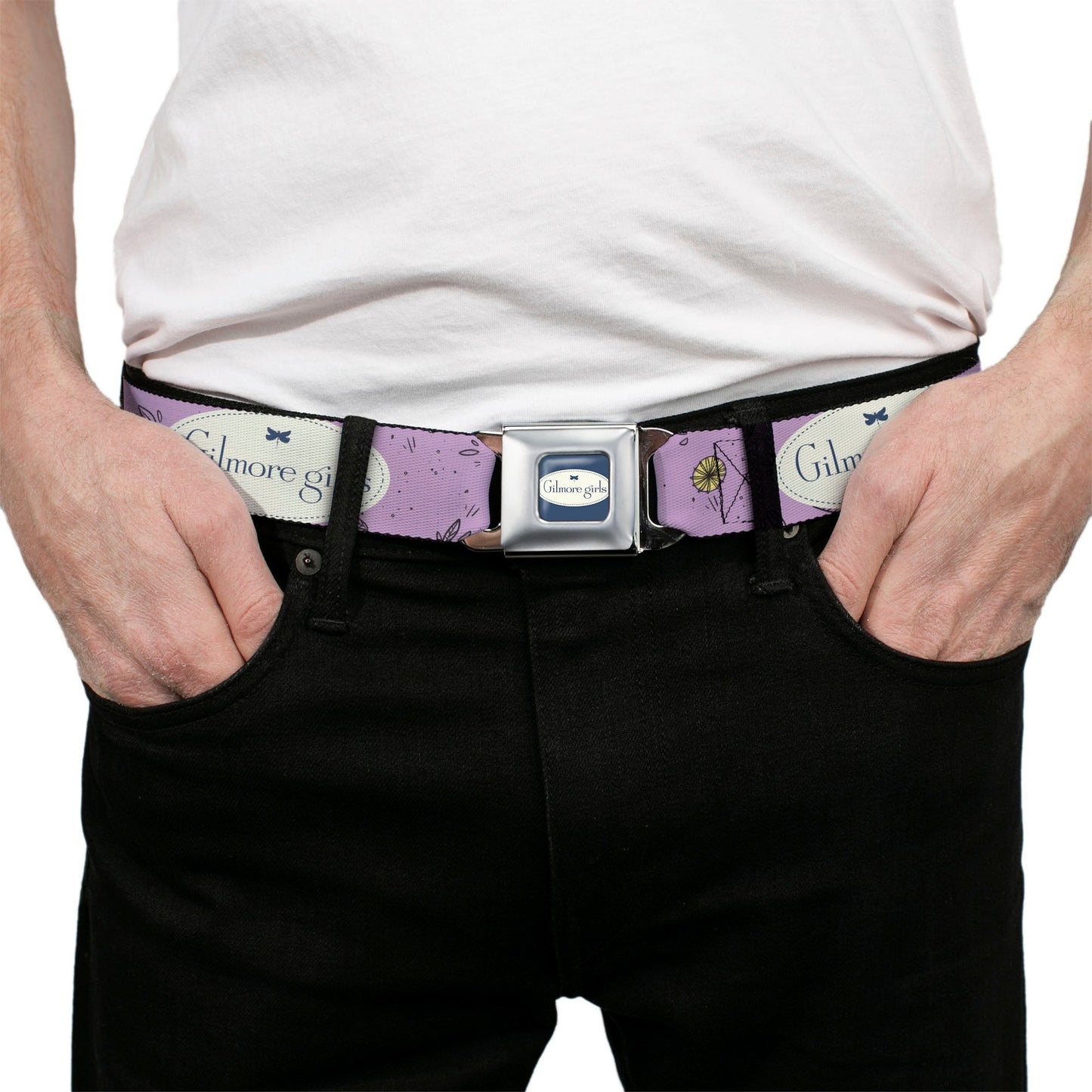 GILMORE GIRLS Title Logo Full Color Blue/White Seatbelt Belt - GILMORE GIRLS Title Logo and Flower Petals Lavender/White/Blue Webbing