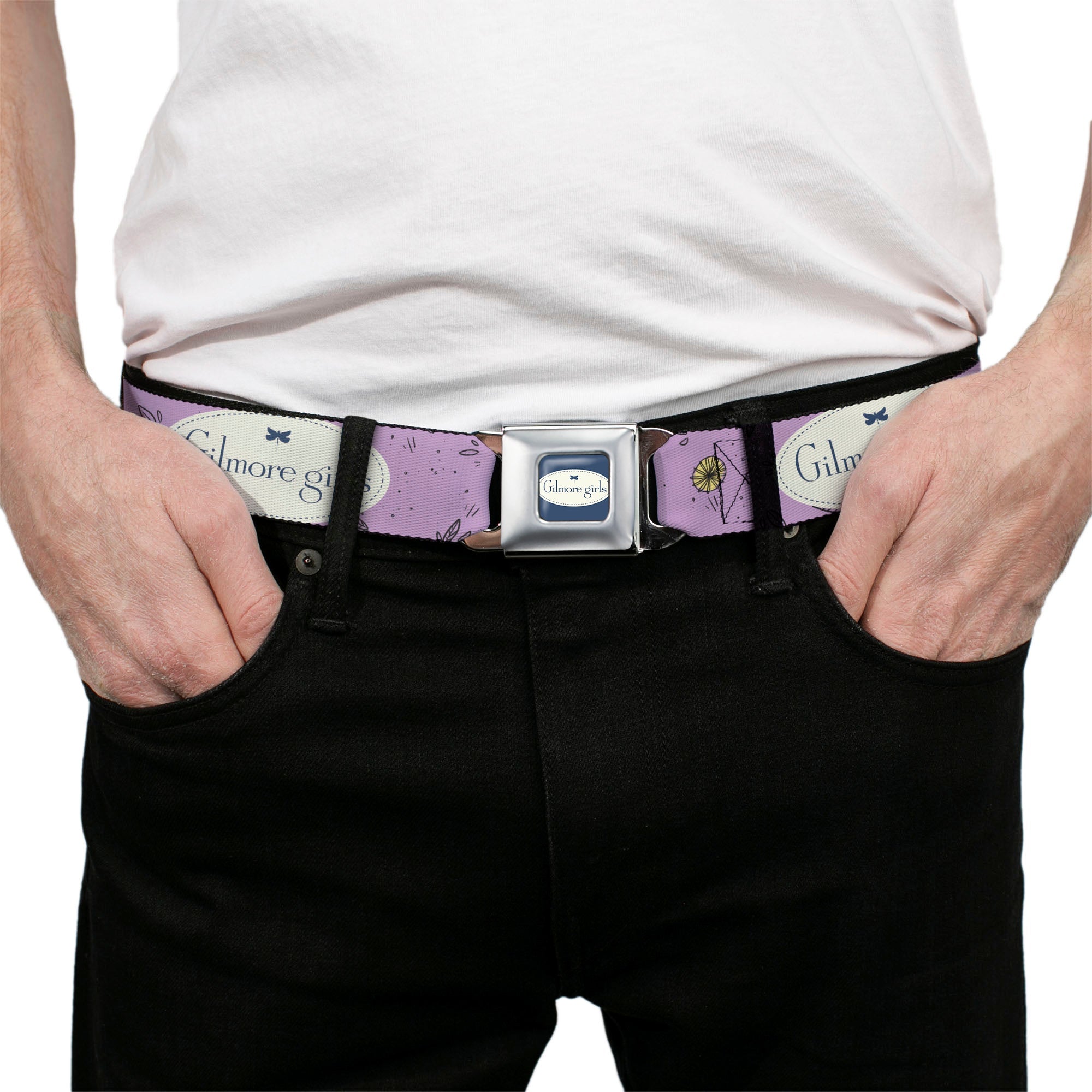GILMORE GIRLS Title Logo Full Color Blue/White Seatbelt Belt - GILMORE GIRLS Title Logo and Flower Petals Lavender/White/Blue Webbing