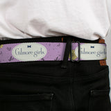 GILMORE GIRLS Title Logo Full Color Blue/White Seatbelt Belt - GILMORE GIRLS Title Logo and Flower Petals Lavender/White/Blue Webbing