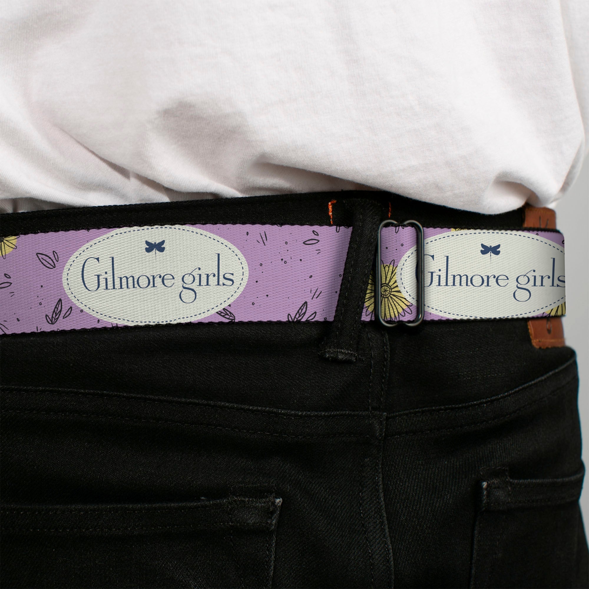 GILMORE GIRLS Title Logo Full Color Blue/White Seatbelt Belt - GILMORE GIRLS Title Logo and Flower Petals Lavender/White/Blue Webbing