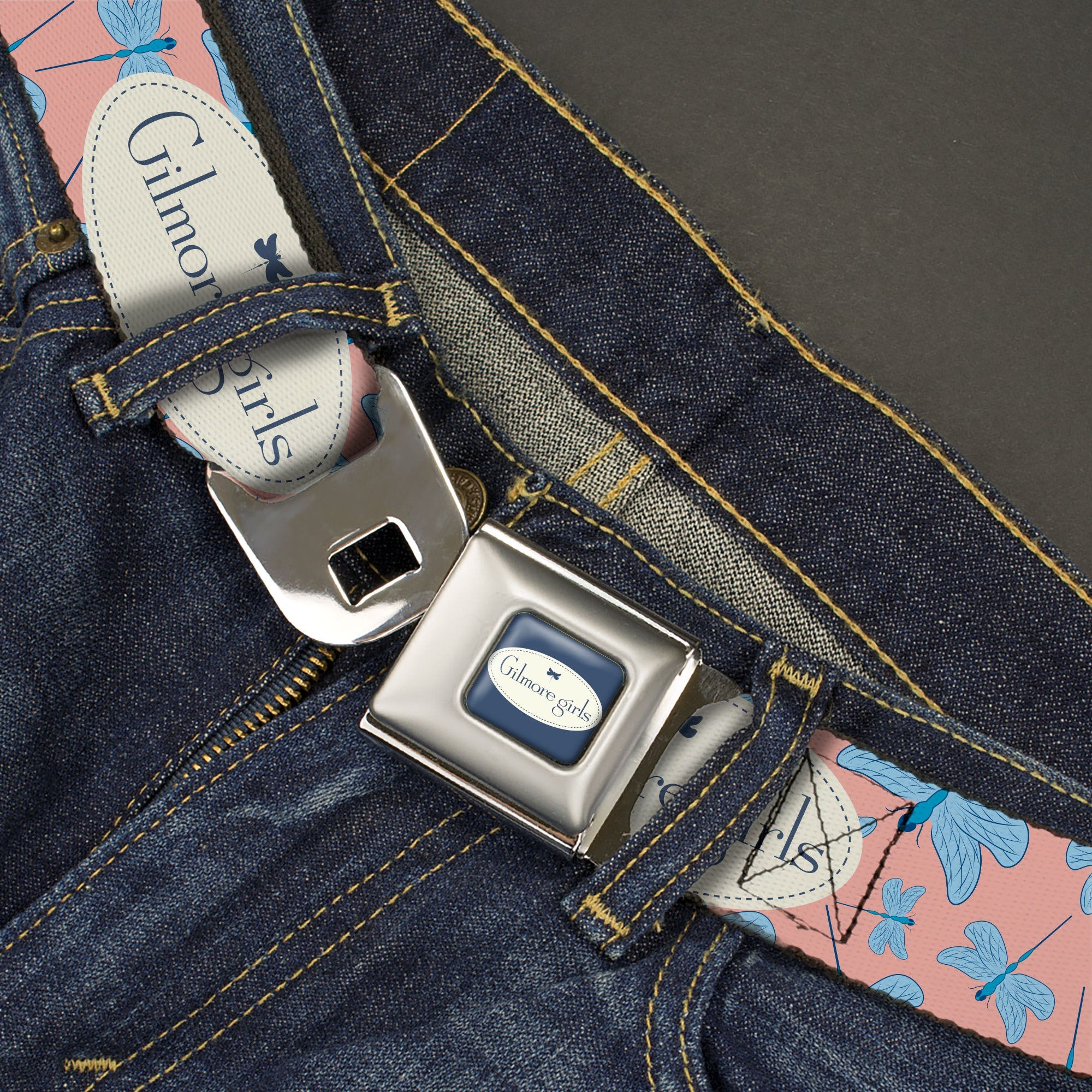 GILMORE GIRLS Title Logo Full Color Blue/White Seatbelt Belt - GILMORE GIRLS Title Logo and Dragon Flies Scattered Pink/White/Blues Webbing