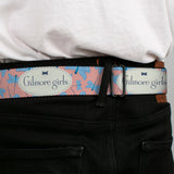 GILMORE GIRLS Title Logo Full Color Blue/White Seatbelt Belt - GILMORE GIRLS Title Logo and Dragon Flies Scattered Pink/White/Blues Webbing