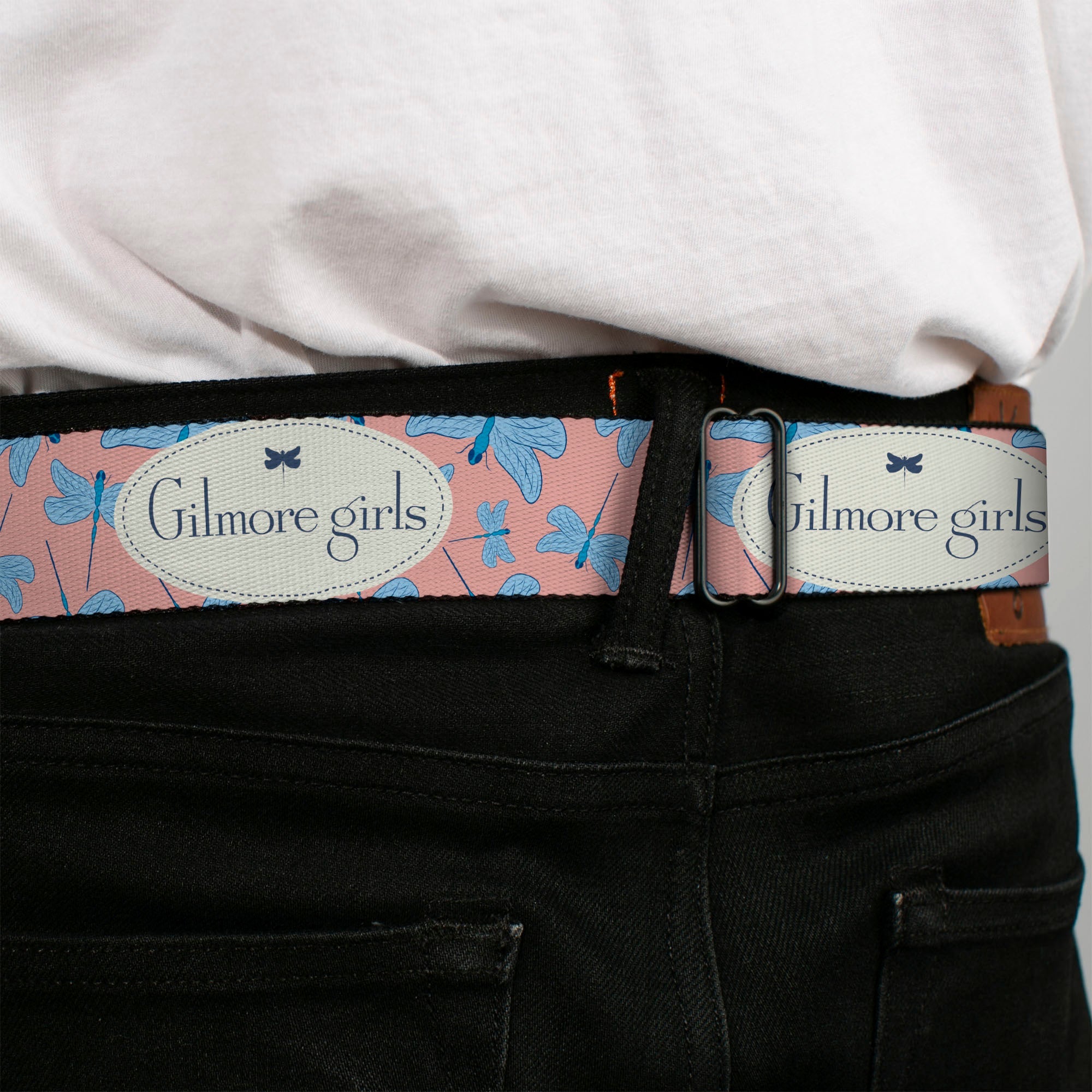 GILMORE GIRLS Title Logo Full Color Blue/White Seatbelt Belt - GILMORE GIRLS Title Logo and Dragon Flies Scattered Pink/White/Blues Webbing