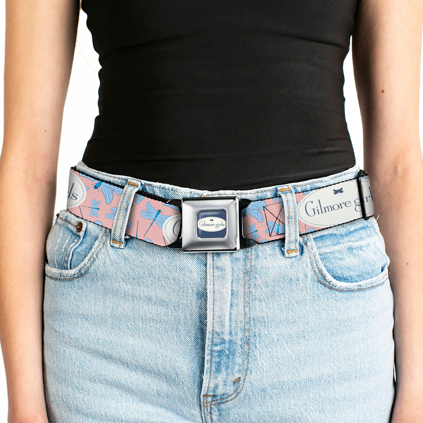 GILMORE GIRLS Title Logo Full Color Blue/White Seatbelt Belt - GILMORE GIRLS Title Logo and Dragon Flies Scattered Pink/White/Blues Webbing