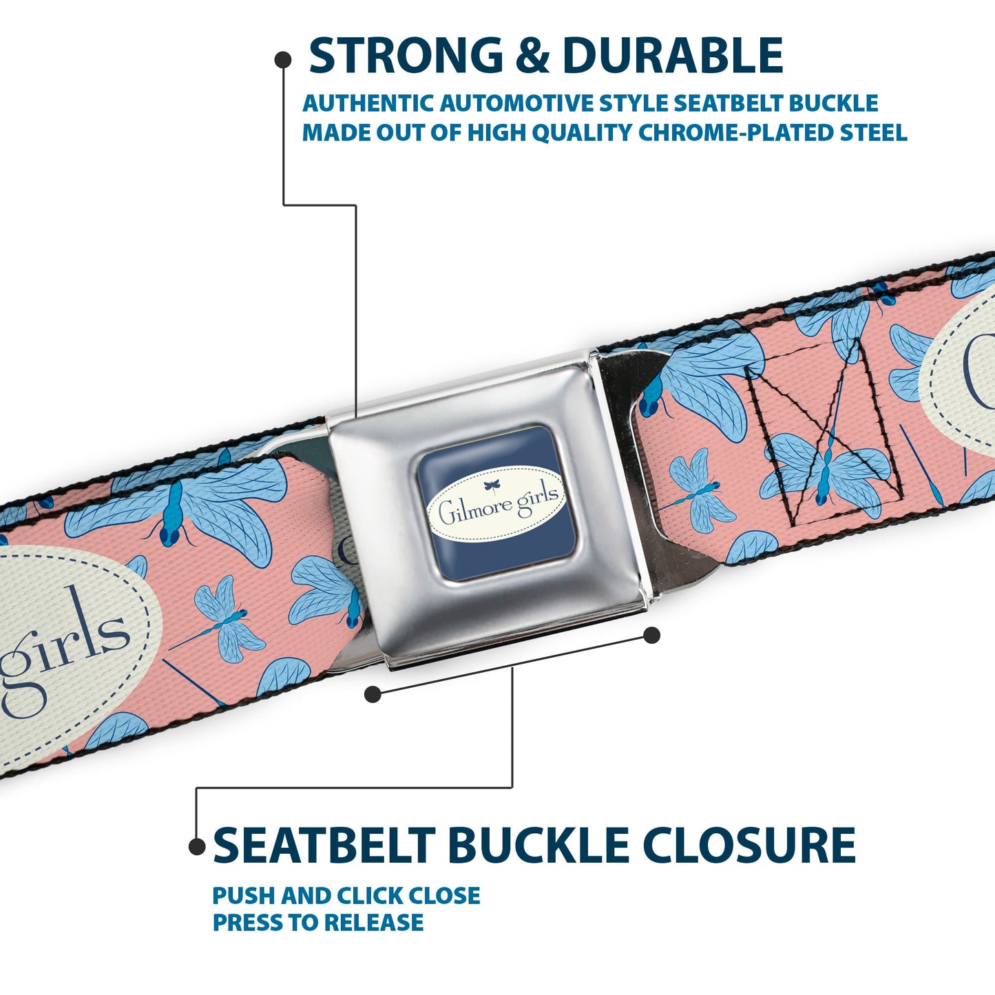 GILMORE GIRLS Title Logo Full Color Blue/White Seatbelt Belt - GILMORE GIRLS Title Logo and Dragon Flies Scattered Pink/White/Blues Webbing