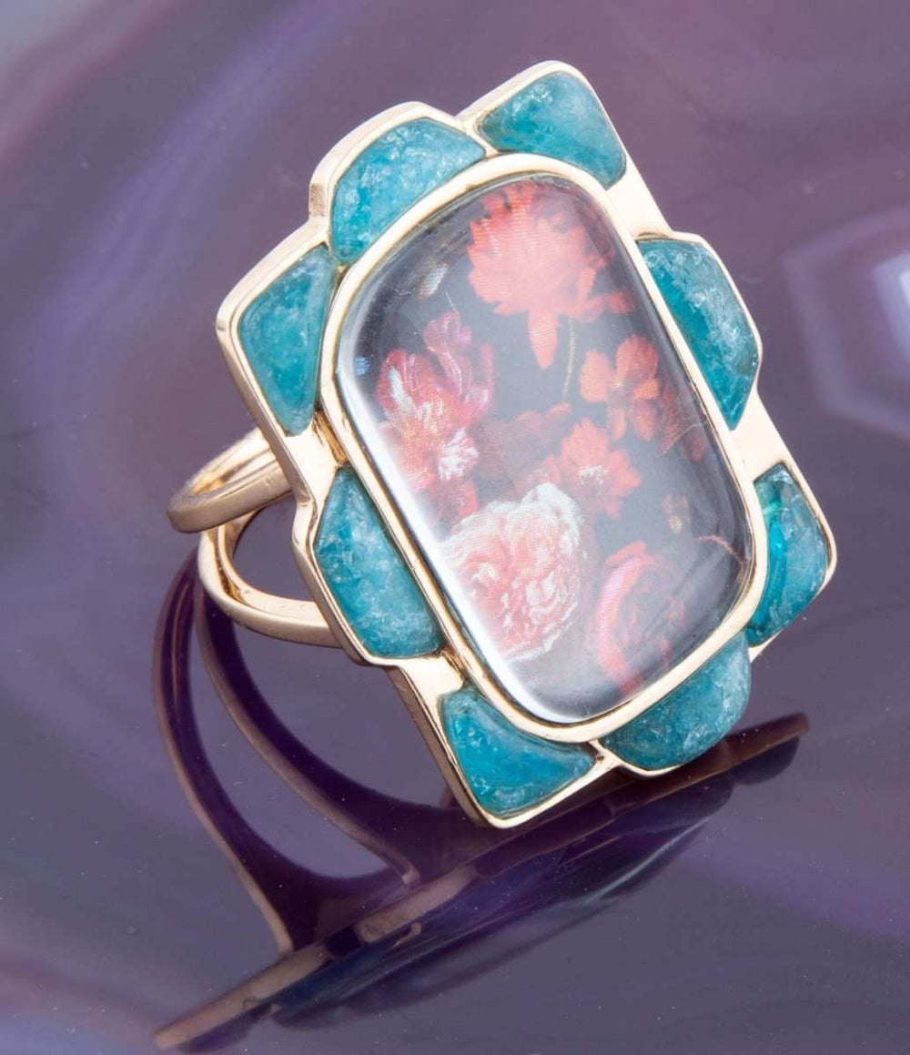 Scenic Red Florals Blue Apatite Golden Statement Ring - Barse Jewelry - Flyclothing LLC