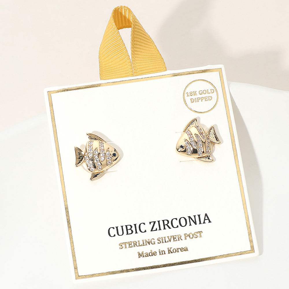 18K Gold Dipped CZ Stone Paved Fish Stud Earrings - Madeline Love - Flyclothing LLC