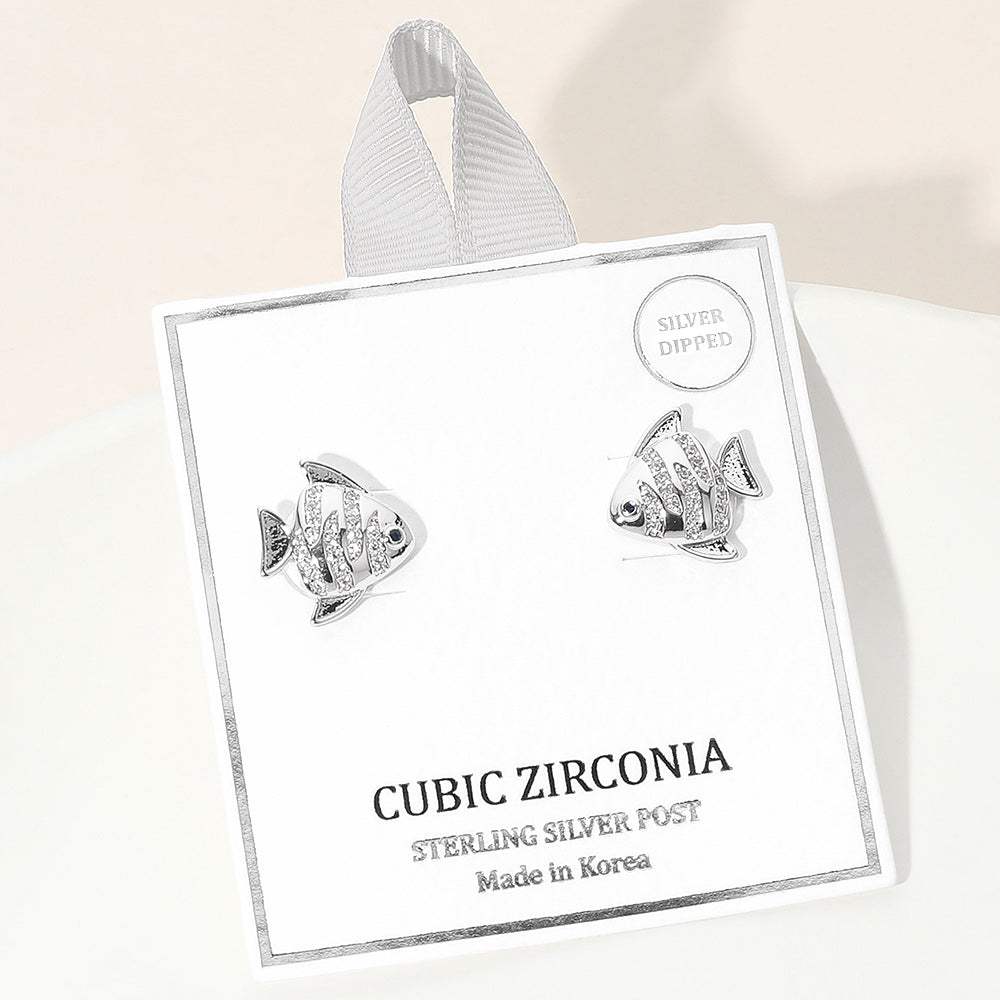 Silver Dipped CZ Stone Paved Fish Stud Earrings - Madeline Love - Flyclothing LLC
